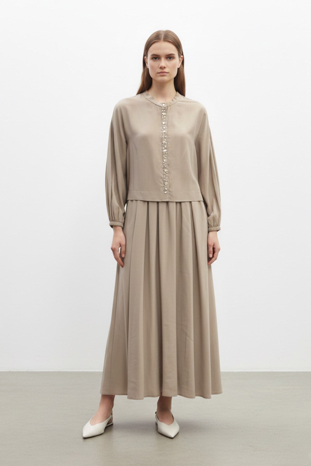 Kadın  Taş Düğme Detaylı Bluz ve Uzun Etek Takım-14434 - MINK