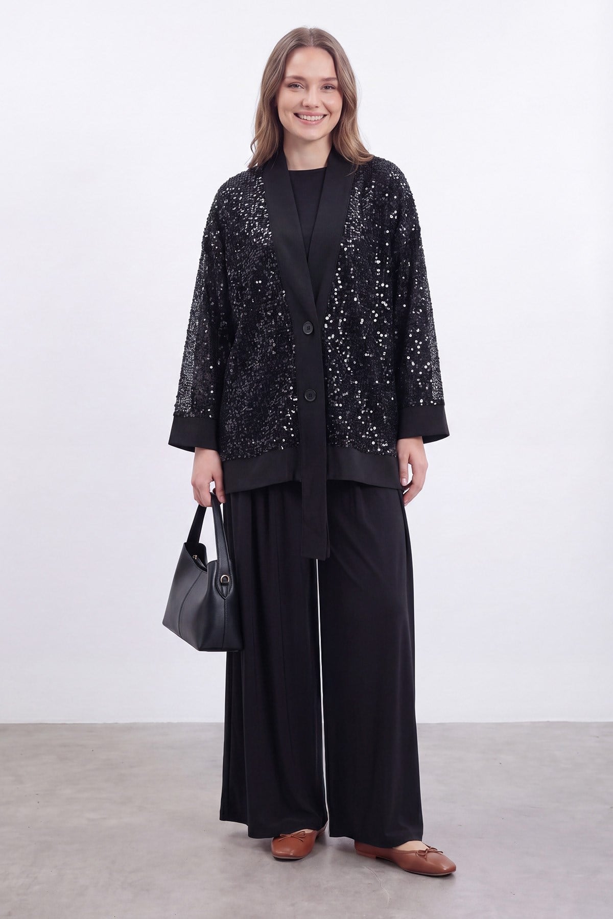 Kadın Payet Detaylı Şık Üçlü Takım -14483PNT - BLACK