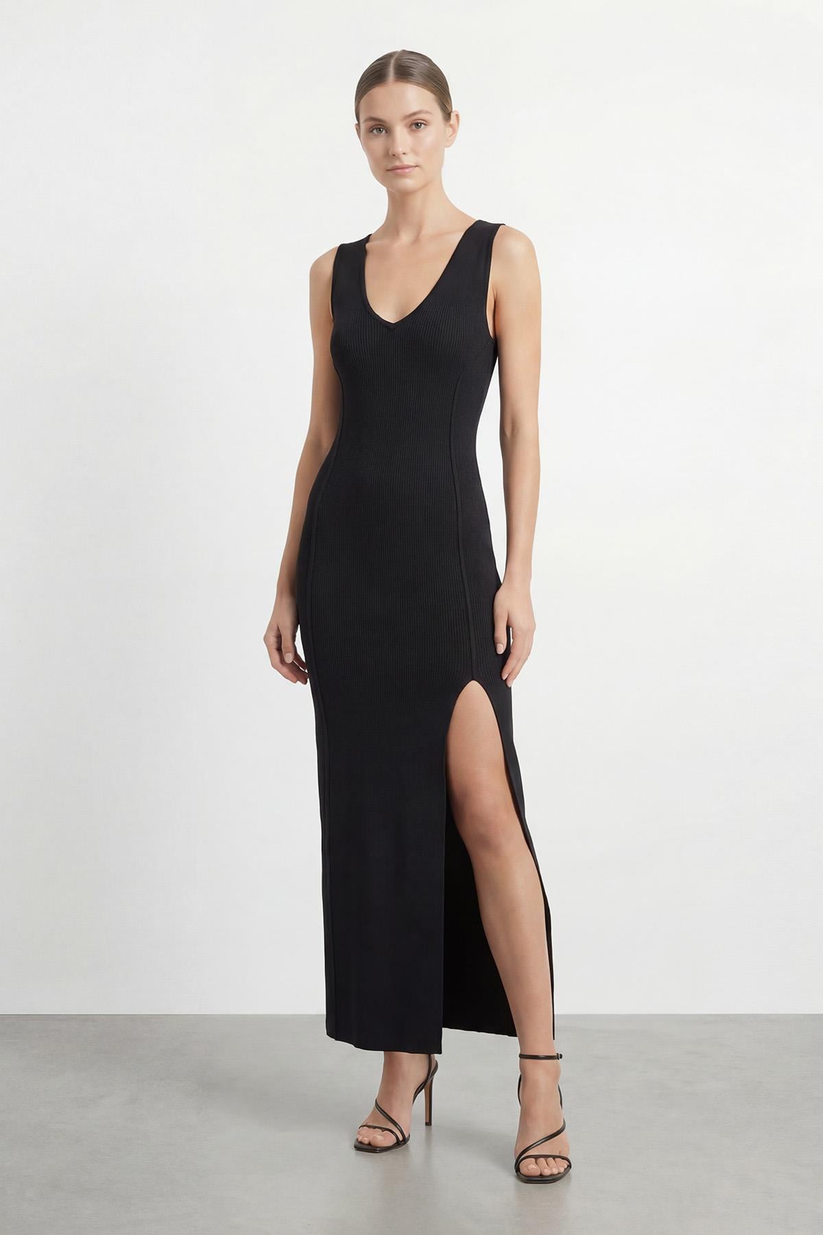 Kadın Askılı Yırtmaçlı Elbise  - 31863ELB - BLACK