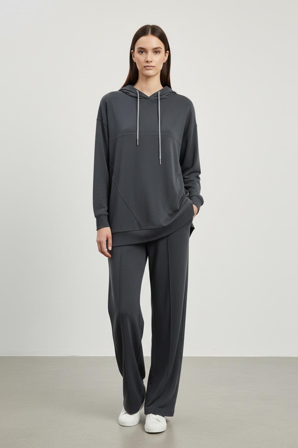 Kadın Rahat Kesim Kapüşonlu Sweatshirt ve Pantolon Takımı-14411 - BLACK