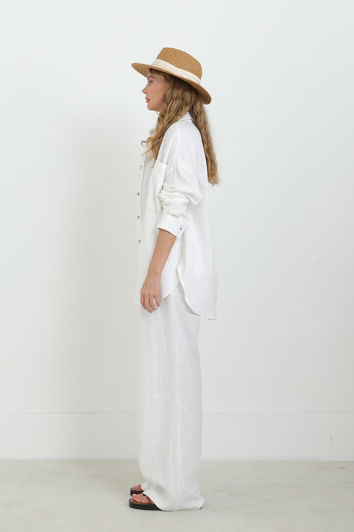 Kadın Pens Detaylı Bol Pantolon -32304PNT - ECRU