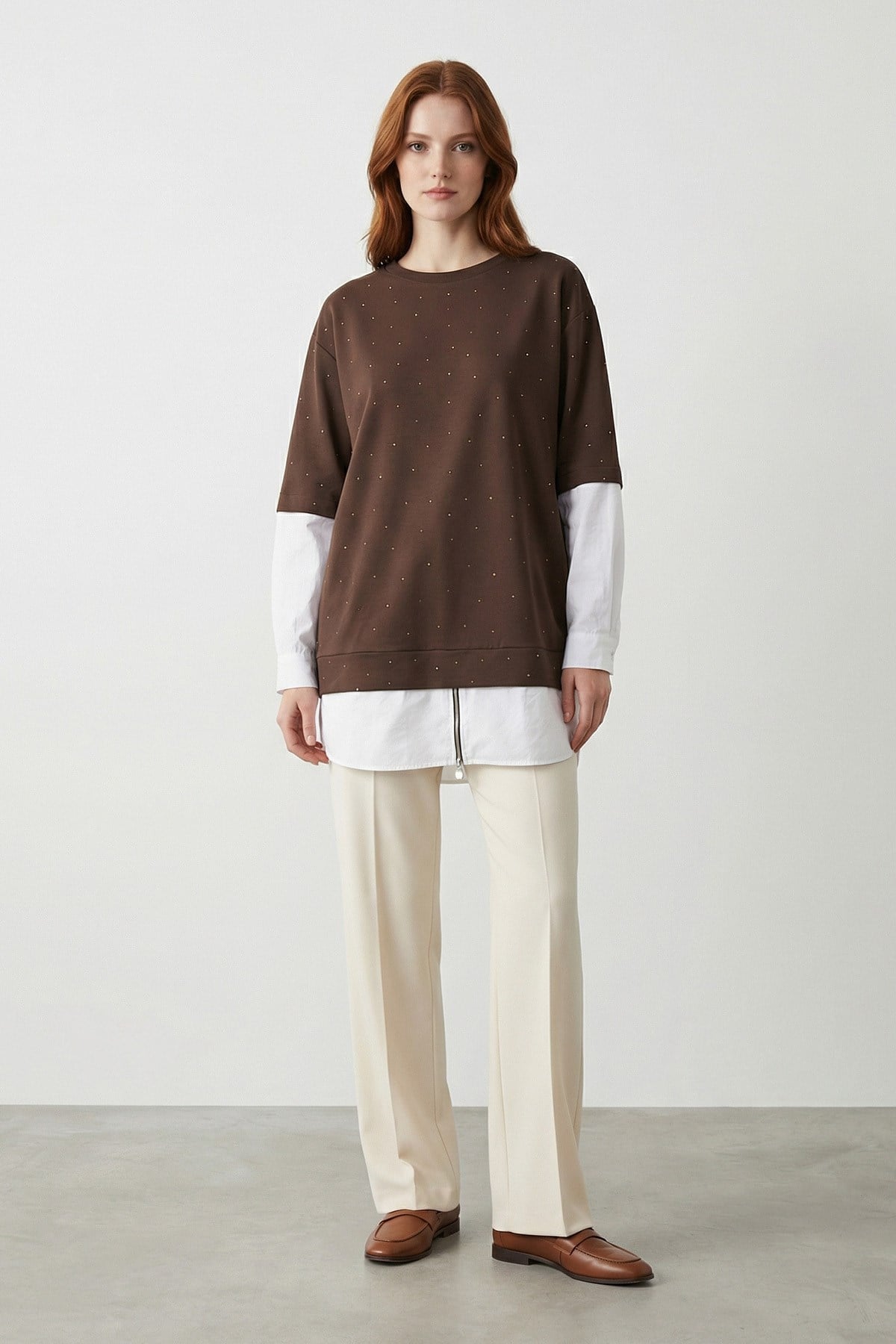 Kadın Garnili Bisiklet Yaka Tunik - 10761TUN - BROWN