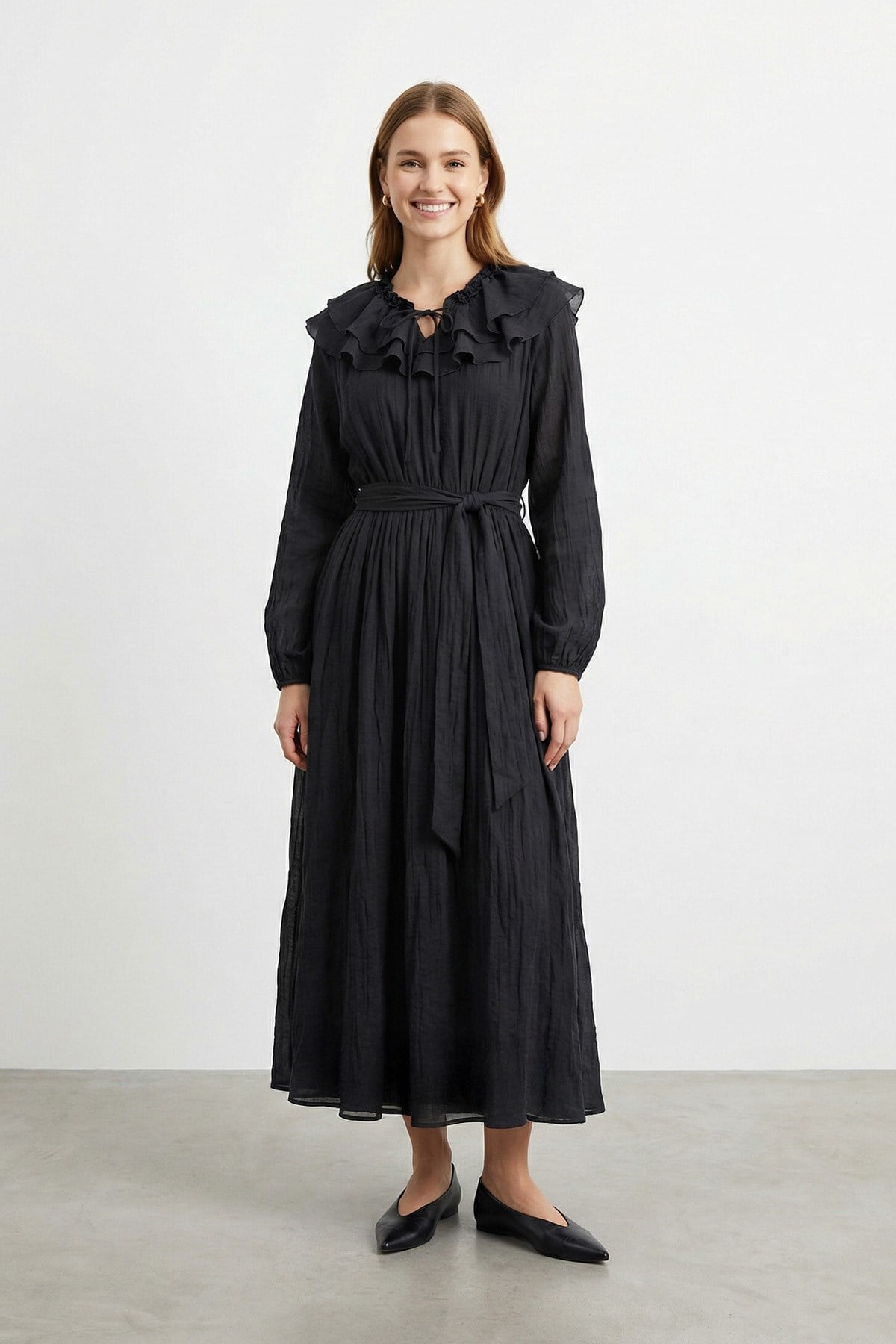 Kadın Fırfır Yakalı Kuşaklı Elbise - 32488ELB - BLACK