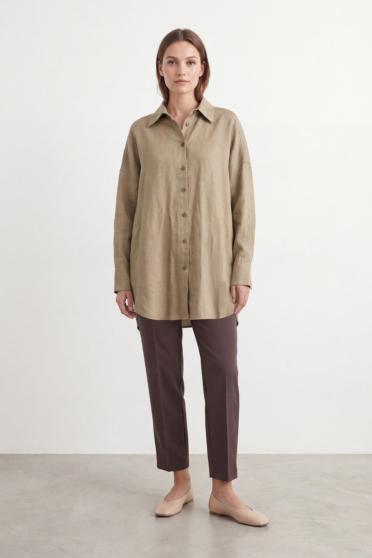 Kadın Naturel Dokulu Oversize Gömlek -10804GML - DARK BEIGE