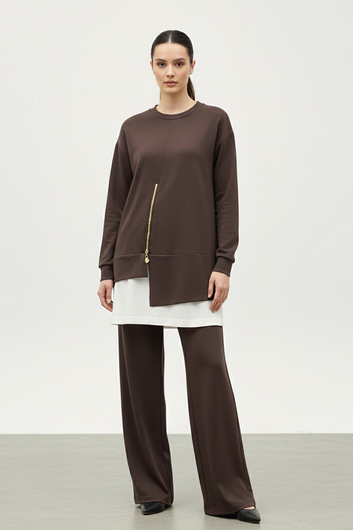 Kadın Fermuar Detaylı Tunik Pantolon Takımı-14438TKS - BROWN