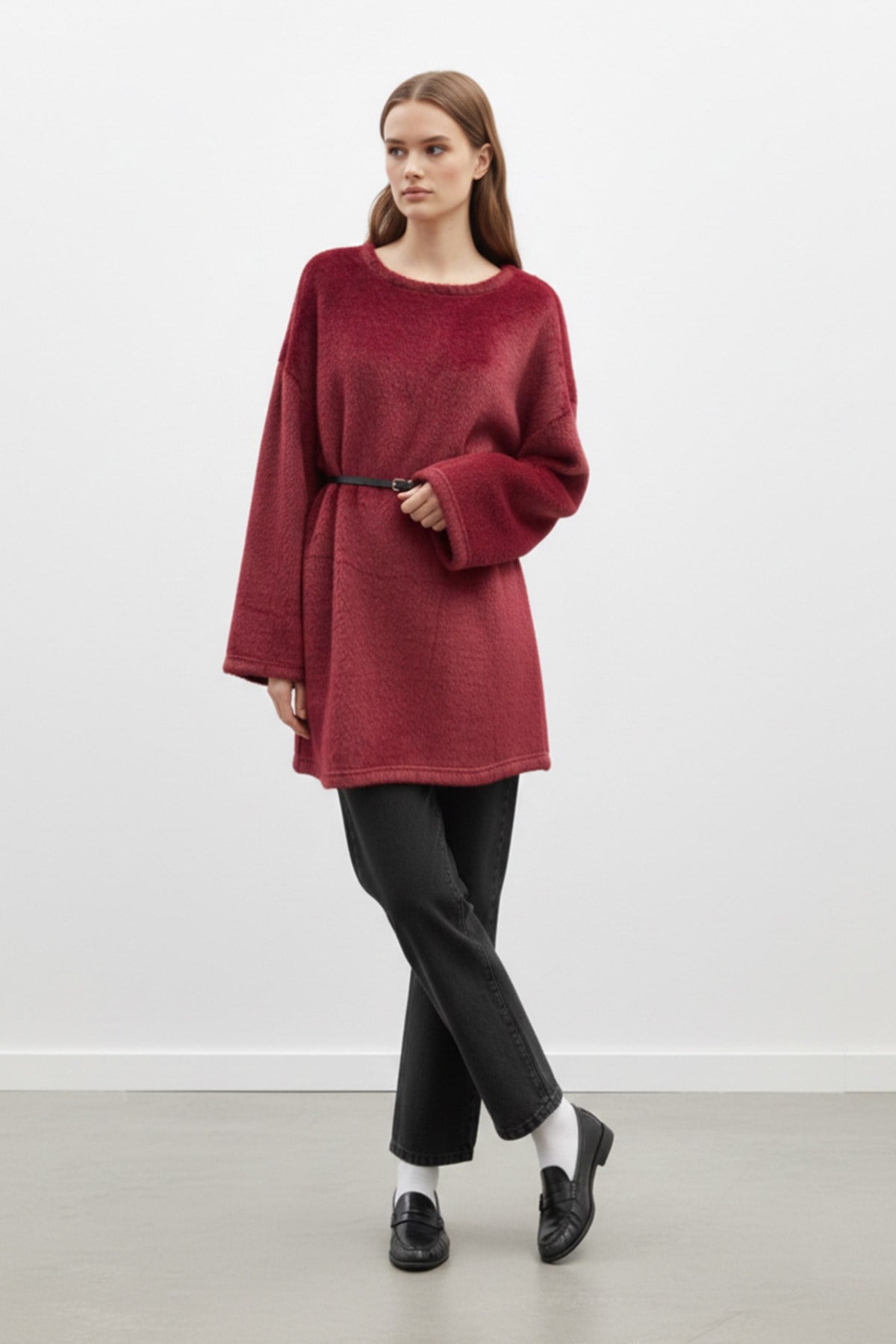 Kadın Yumuşak Dokulu Triko Bluz-10776 - BURGUNDY