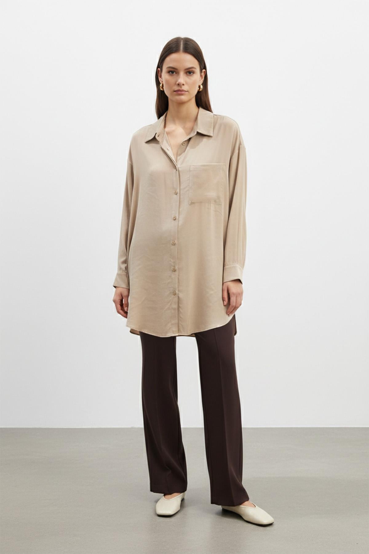 Kadın Cep Detaylı Basic Gömlek Tunik - 10677TUN - CAMEL