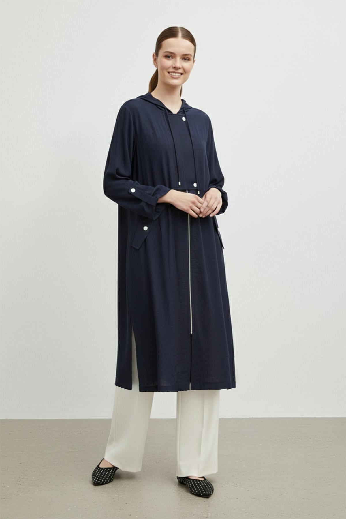 Kapüşonlu Büzgü Detaylı Uzun kap-15254 - NAVY