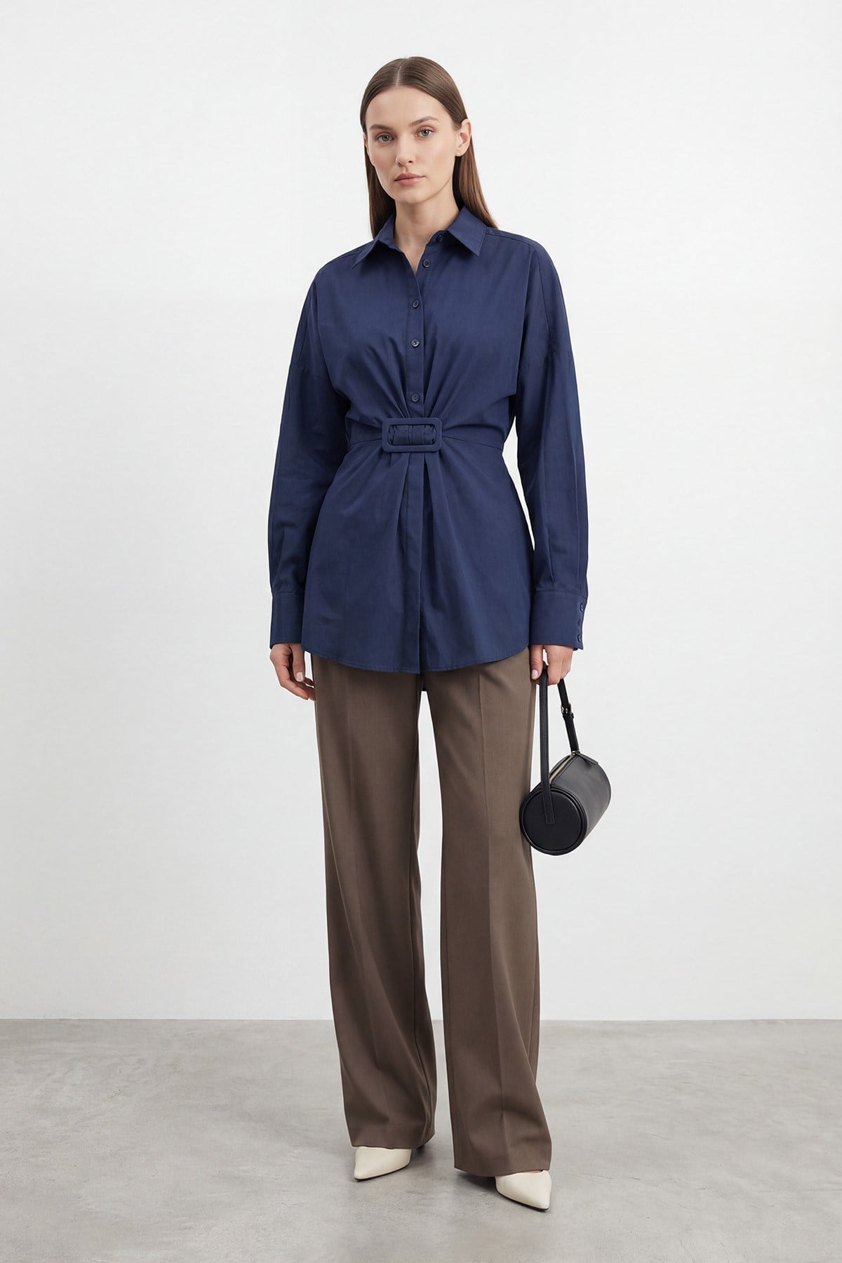 Kadın Kemer Detaylı  Kuşaklı Gömlek  – 20761GML - NAVY