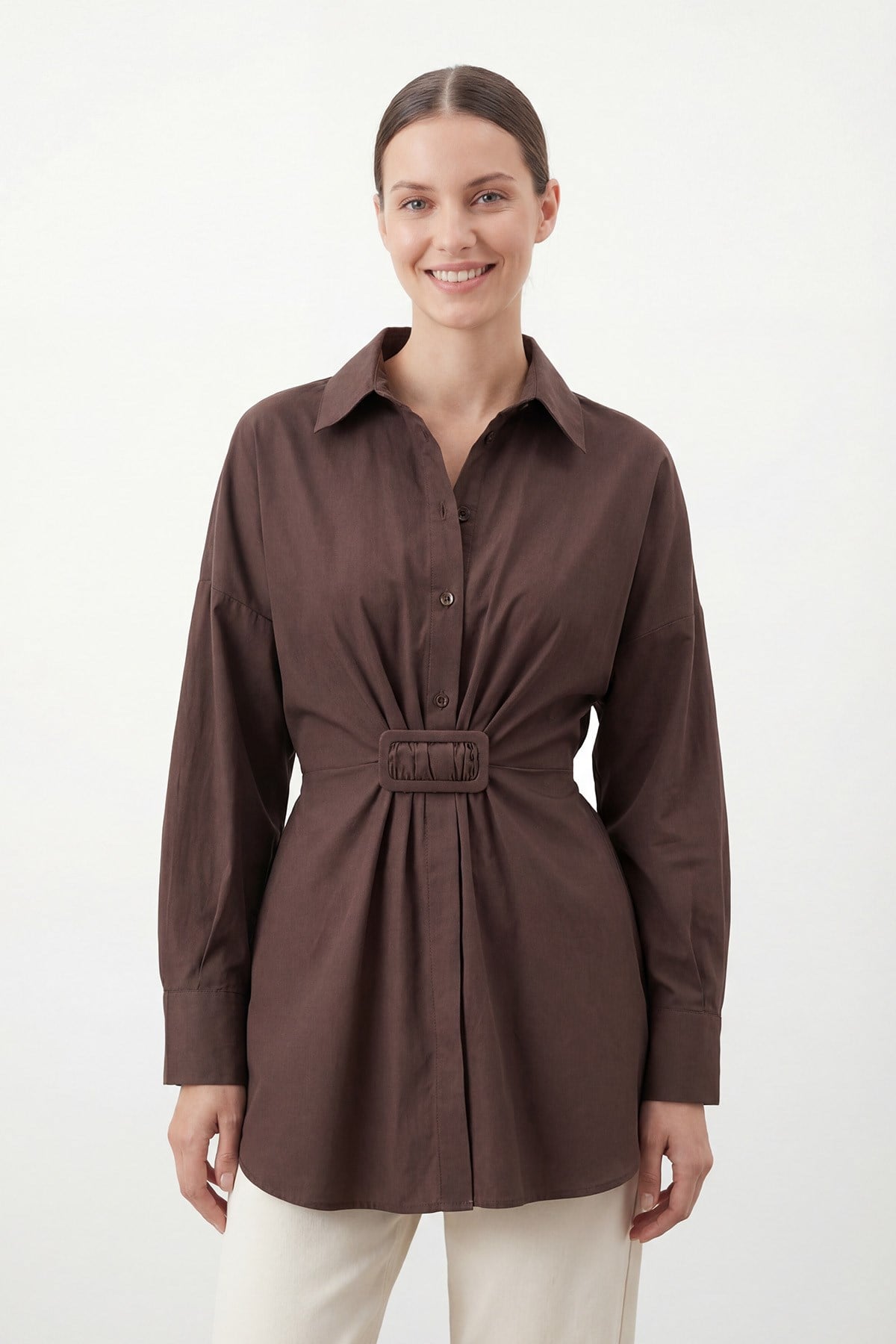 Kadın Kemer Detaylı  Kuşaklı Gömlek  – 20761GML - BROWN