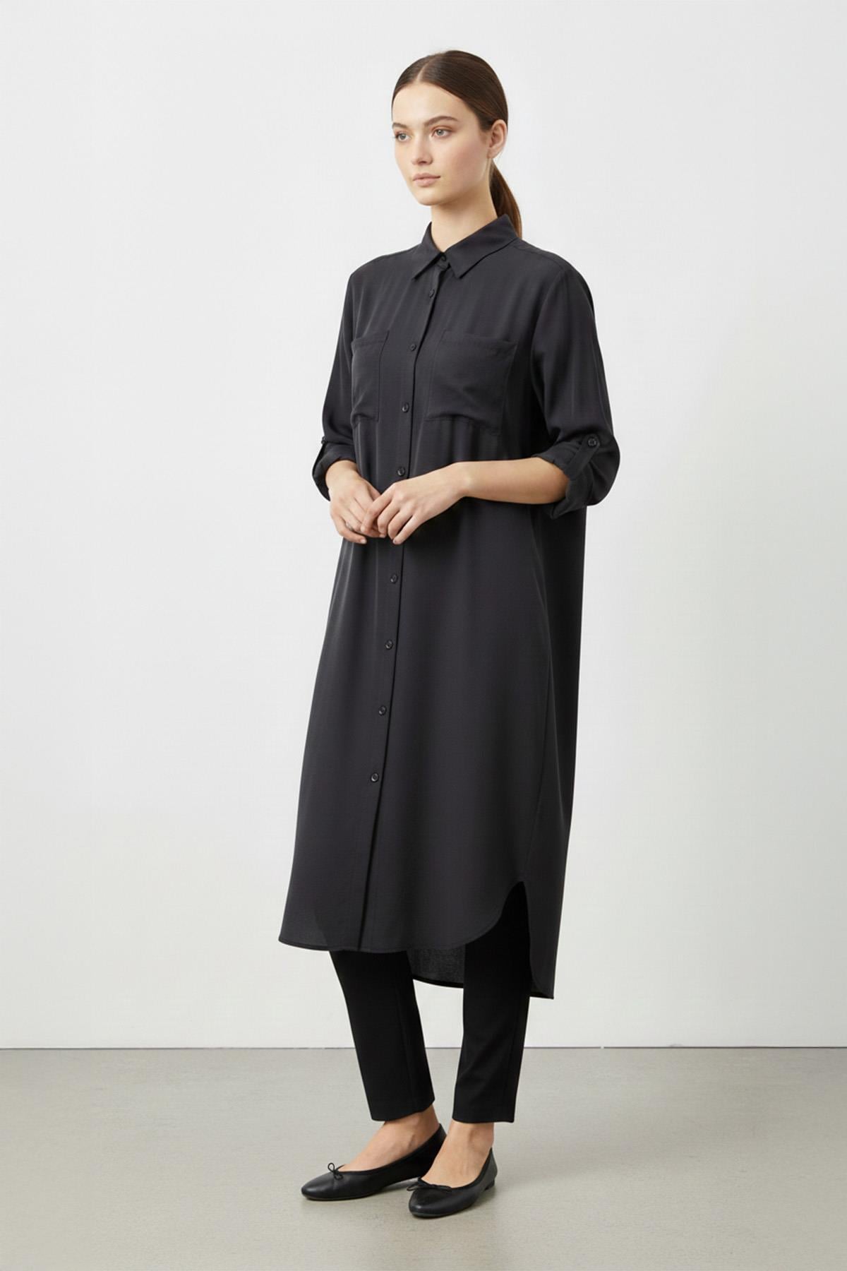Kadın Uzun Düğmeli Cepli Oversize Gömlek -10764 - BLACK