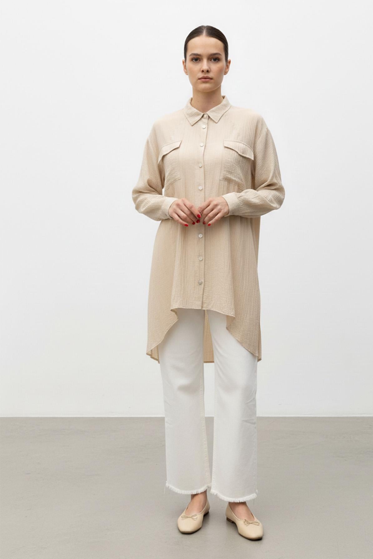 Kadın Uzun Düğmeli Çift Cepli Oversize Gömlek-10759 - BEIGE