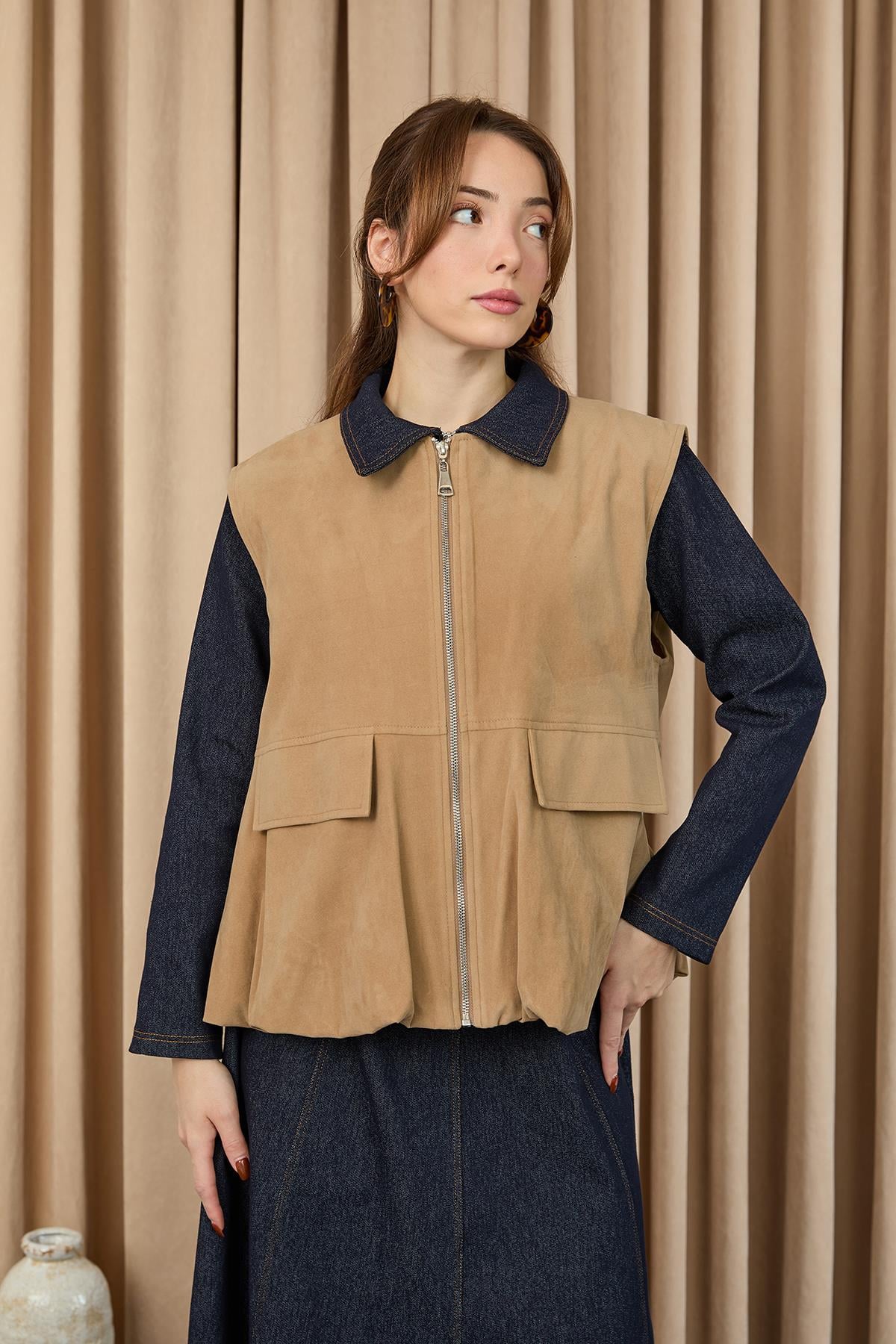 Kadın Cep Detaylı Süet Yelek  -  32404YLK - MINK