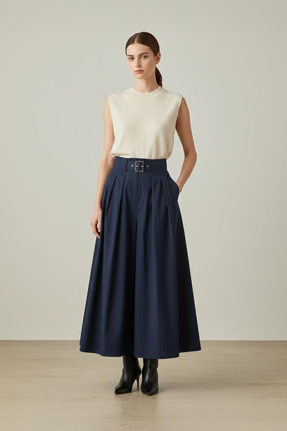 Kadın Pileli Kemerli Etek - 20702ETK - NAVY