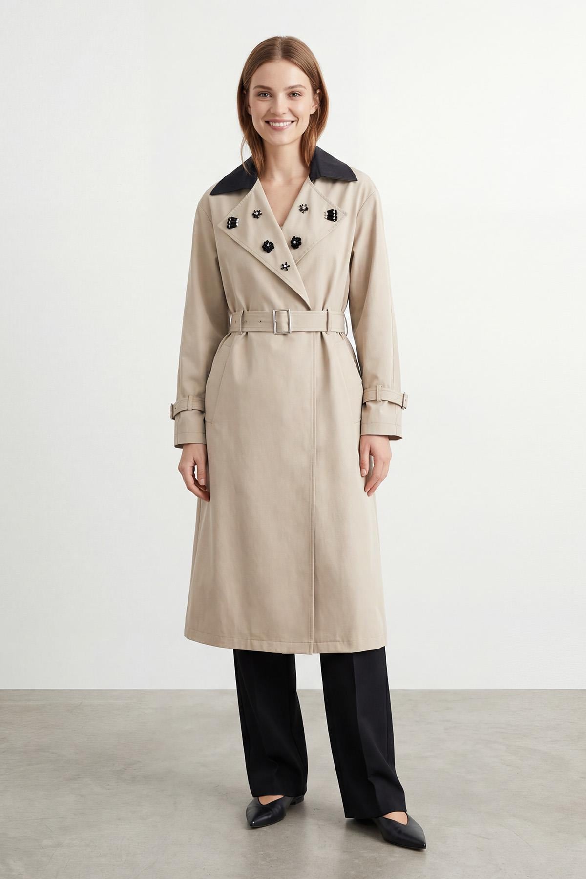 Kadın Renk Bloklu Tasarım Trençkot –15261TRC - STONE-BLACK