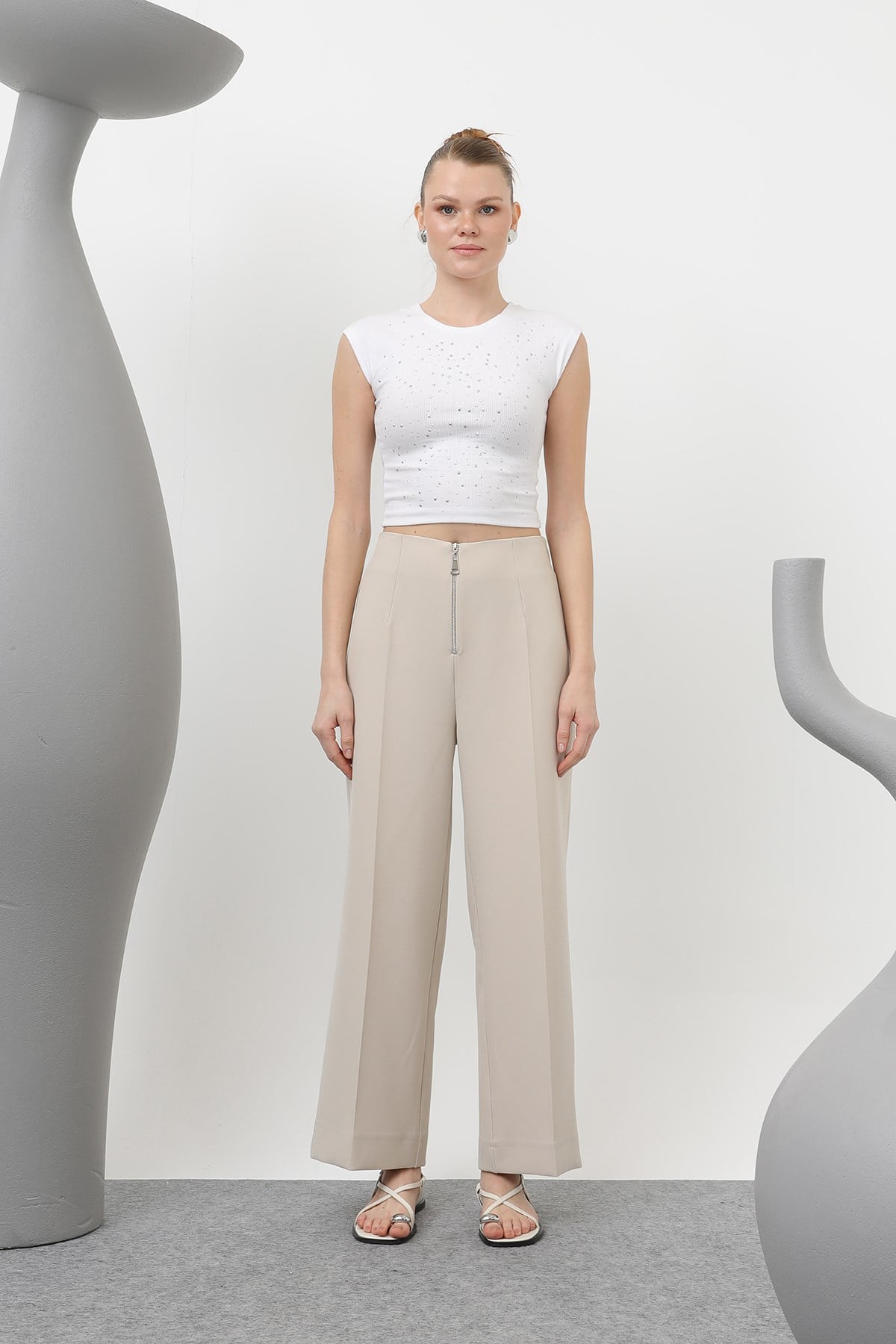 Kadın Fermuar Detaylı Pensli Pantolon- 18228PNT - BEIGE