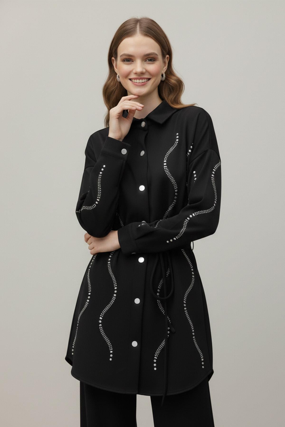 Kadın Taş Detaylı Scuba Gömlek - 20704GML - BLACK
