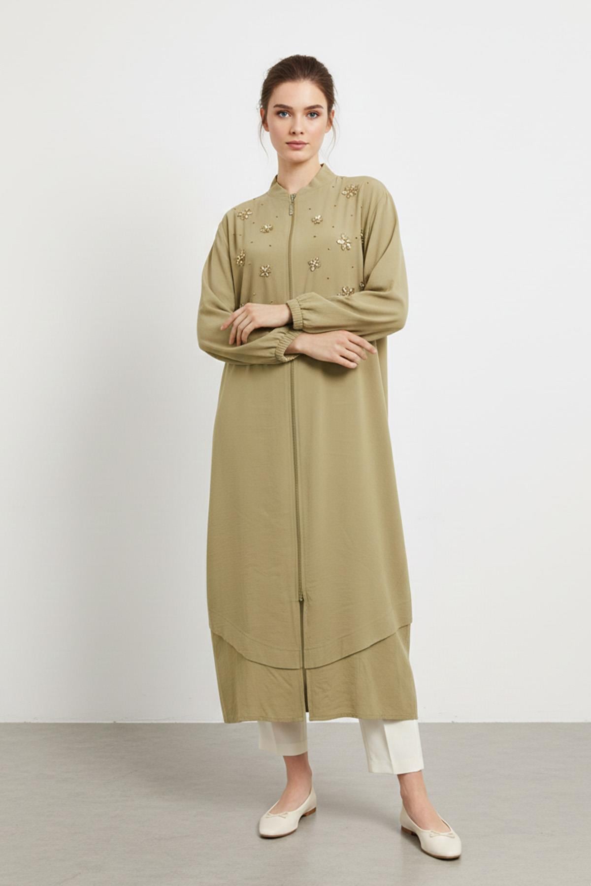 Kadın Fermuarlı Yaka Düz Kesim Uzun Hırka-15253HRK - OLIVE