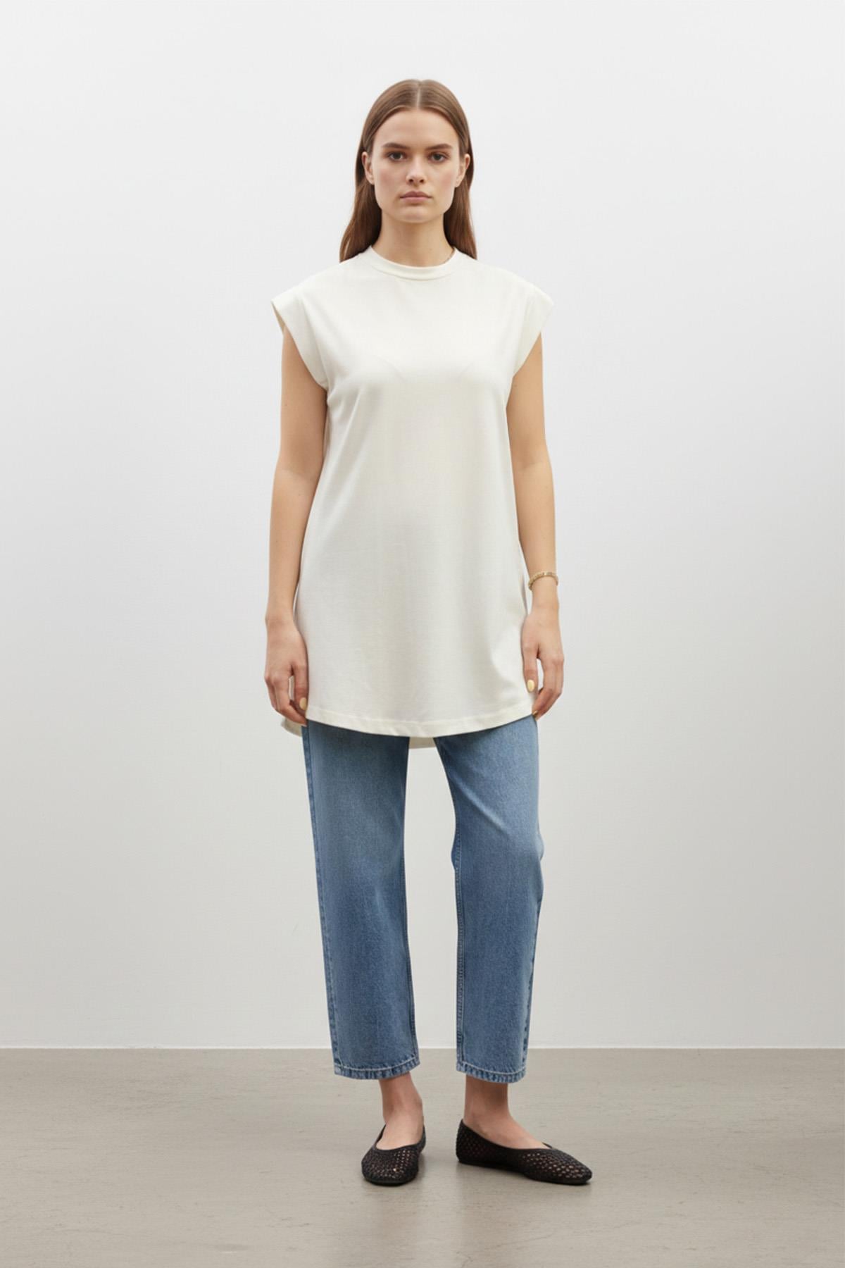 Minimal Kesim Oversize T-Shirt-40016 - ECRU