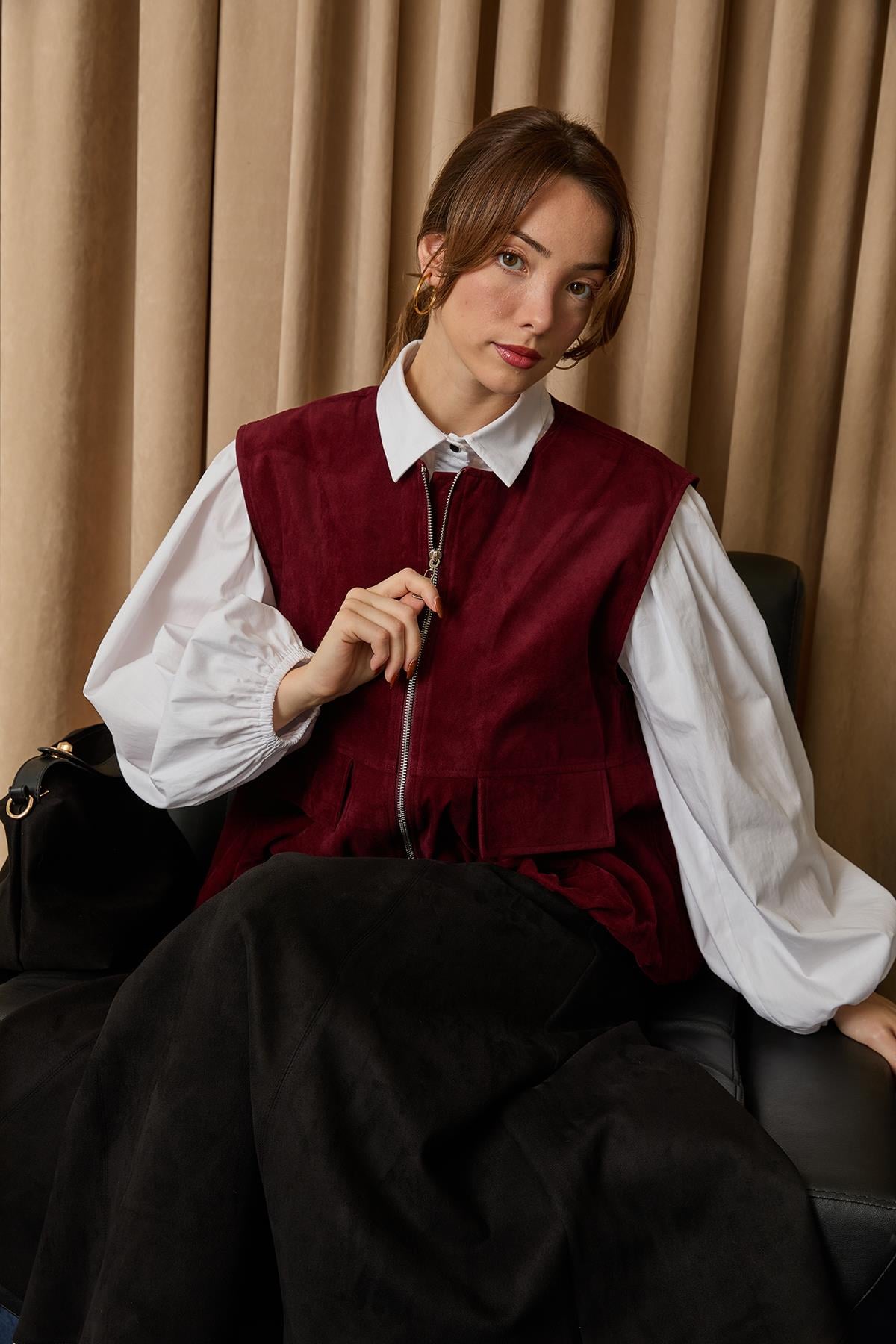 Kadın Cep Detaylı Süet Yelek  -  32404YLK - BURGUNDY