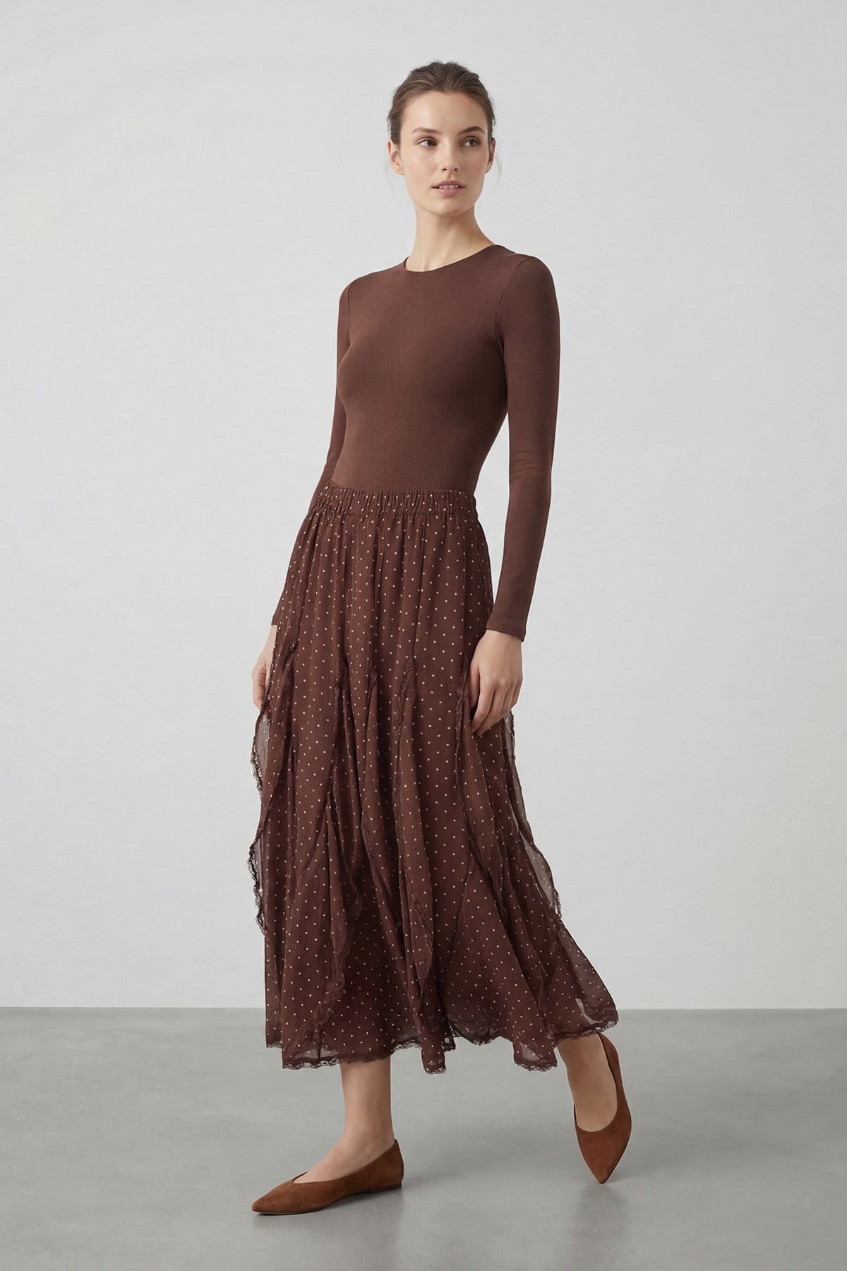 Kadın Puantiyeli Dantel Detaylı Midi Etek -18307ETK - BROWN