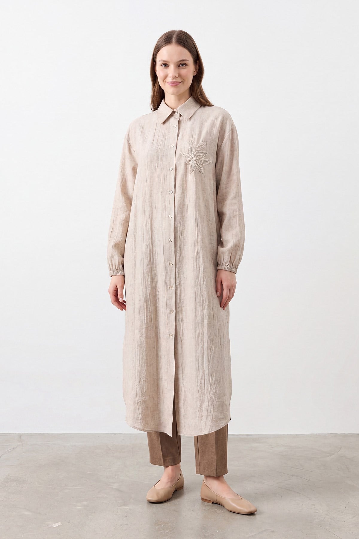 Kadın Taş Detaylı Uzun Gömlek Tunik- 10799TUN - BEIGE