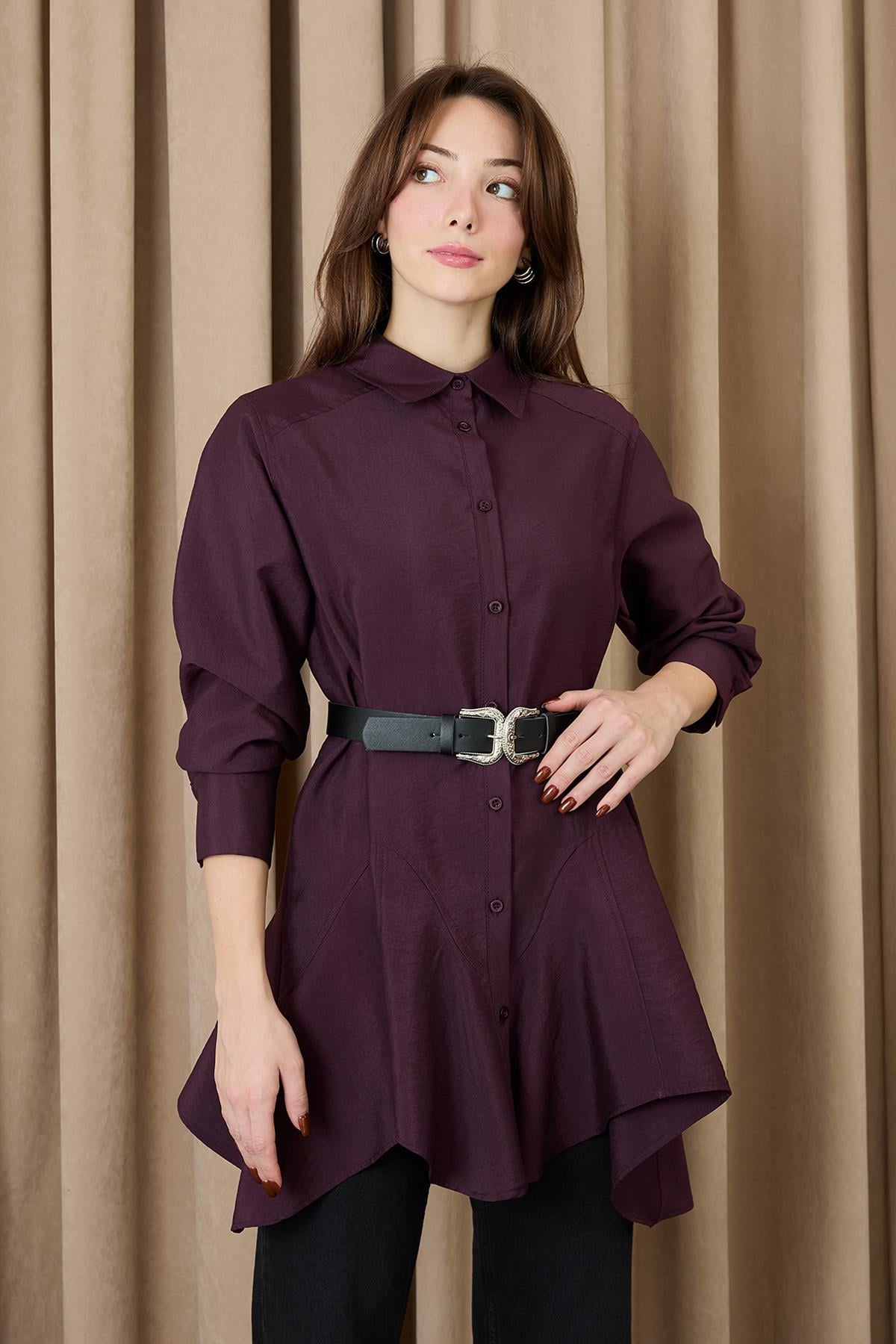 Kadın Dikiş Detaylı Kemerli Gömlek - 20708GML - DAMSON