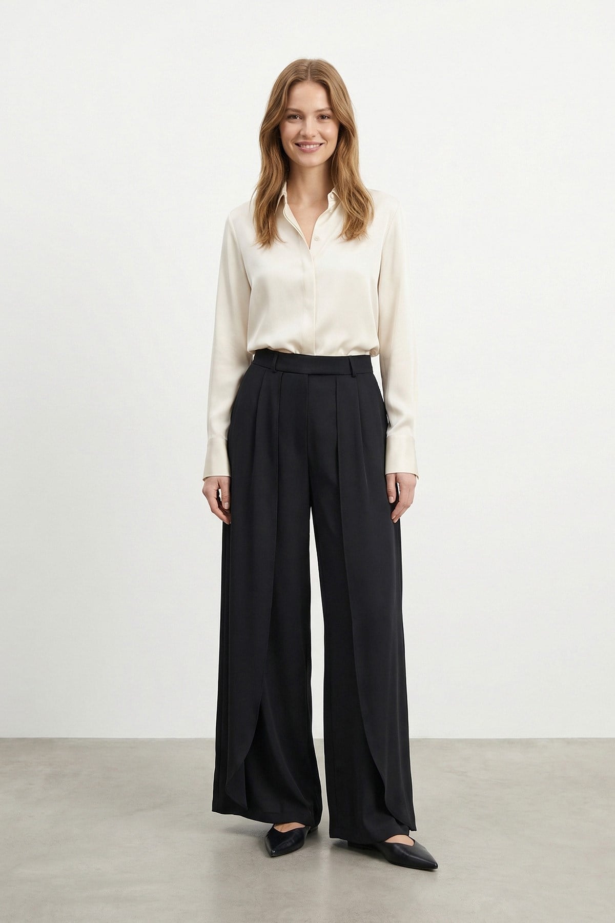 Kadın Pile Detaylı Palazzo Pantolon-32506PNT - BLACK