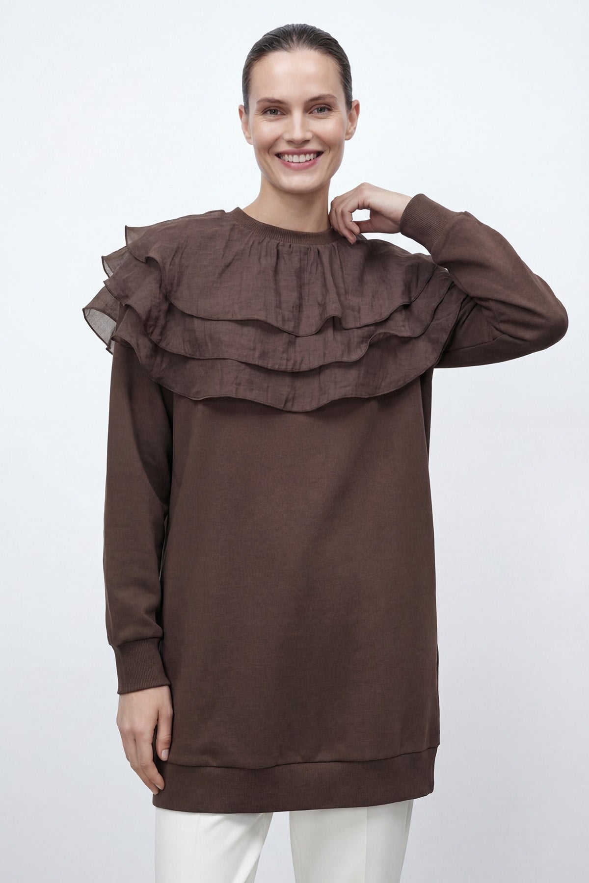 Kadın Katmanlı Fırfır Detaylı Uzun Tunik – 10770TUN - BROWN
