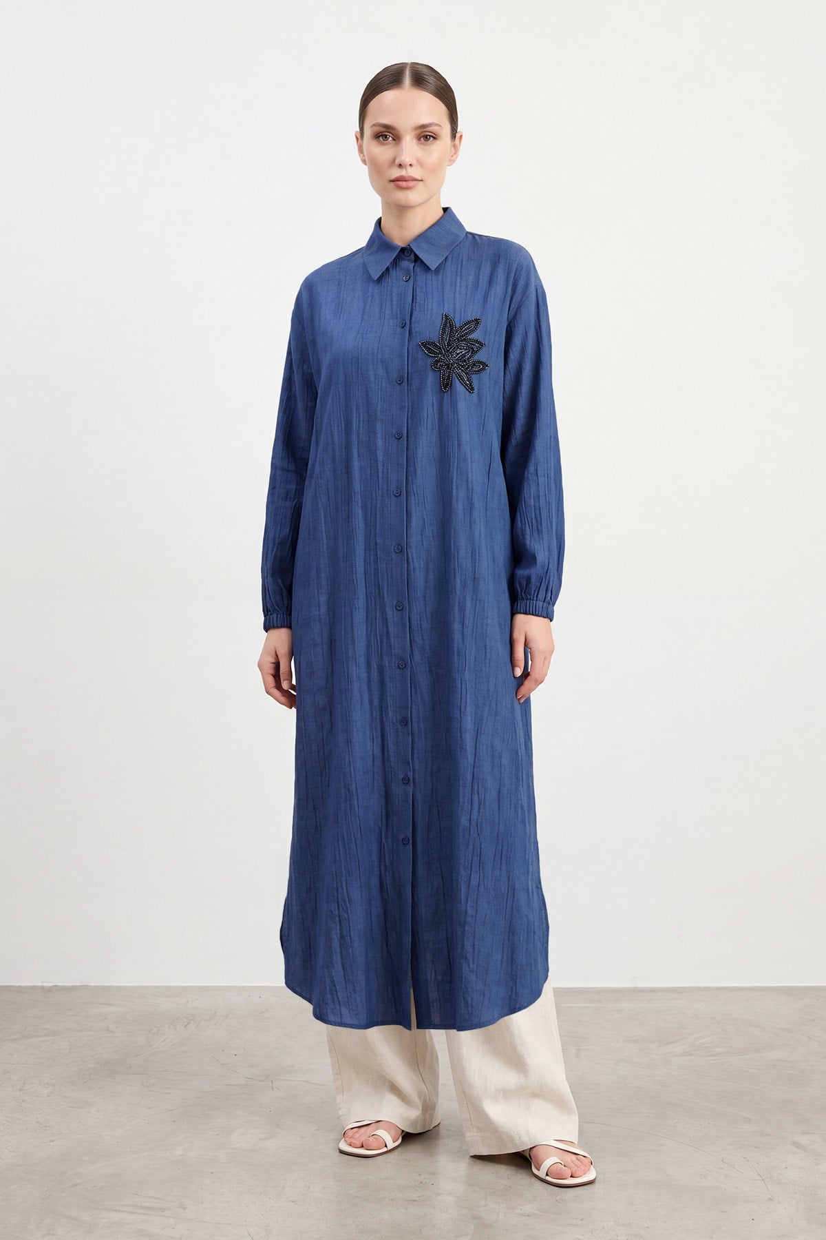 Kadın Taş Detaylı Uzun Gömlek Tunik- 10799TUN - INDIGO