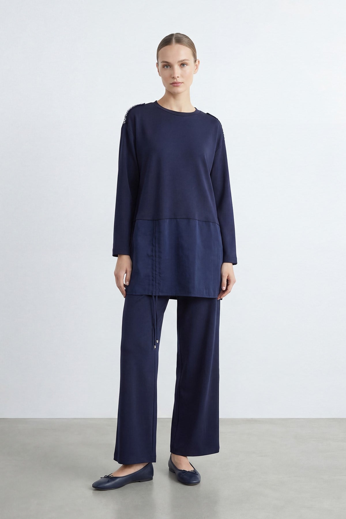 Kadın Bisiklet Yaka Yanı Büzgülü Viskon Tunik Pantolon Takım – 19250TKS - NAVY