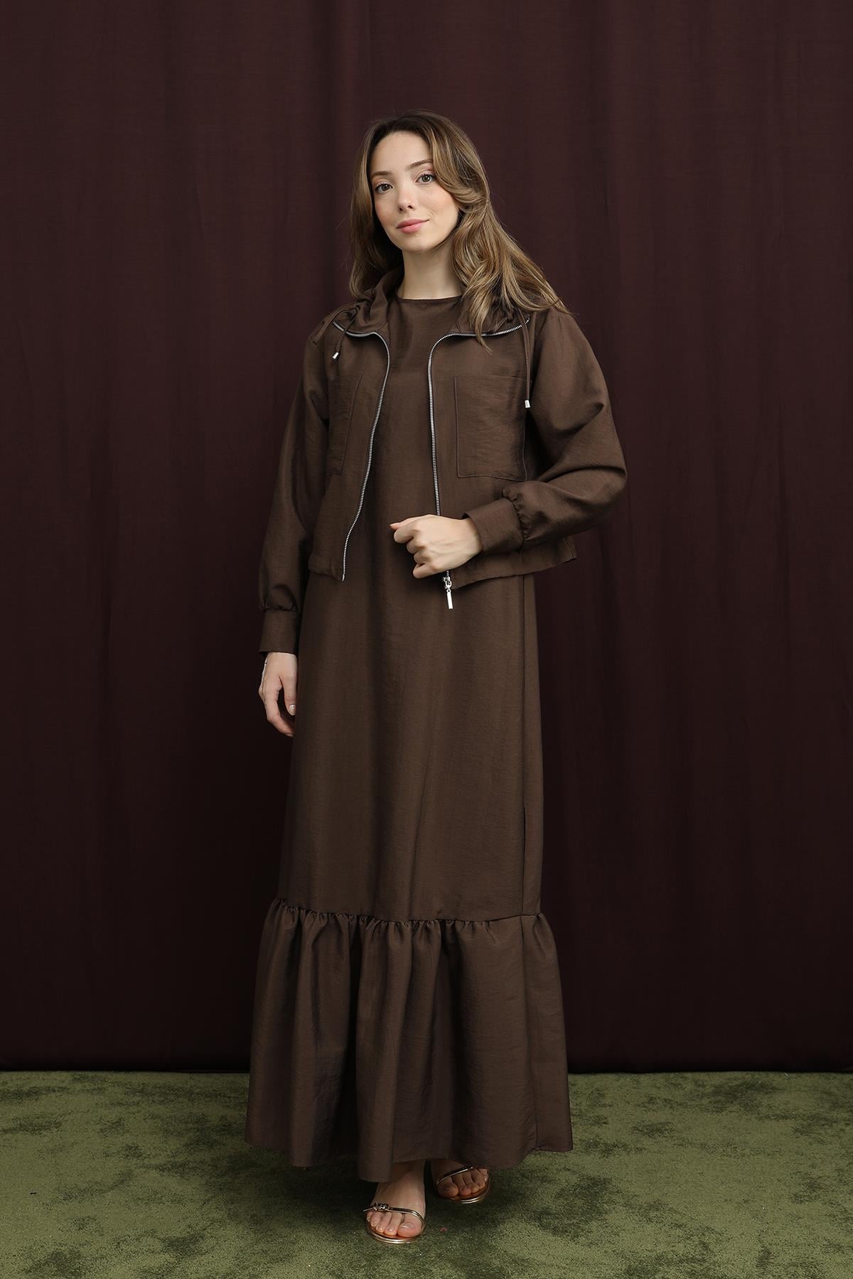 Kadın Crop Ceket Detaylı İkili Elbise - 12651TKS - BROWN