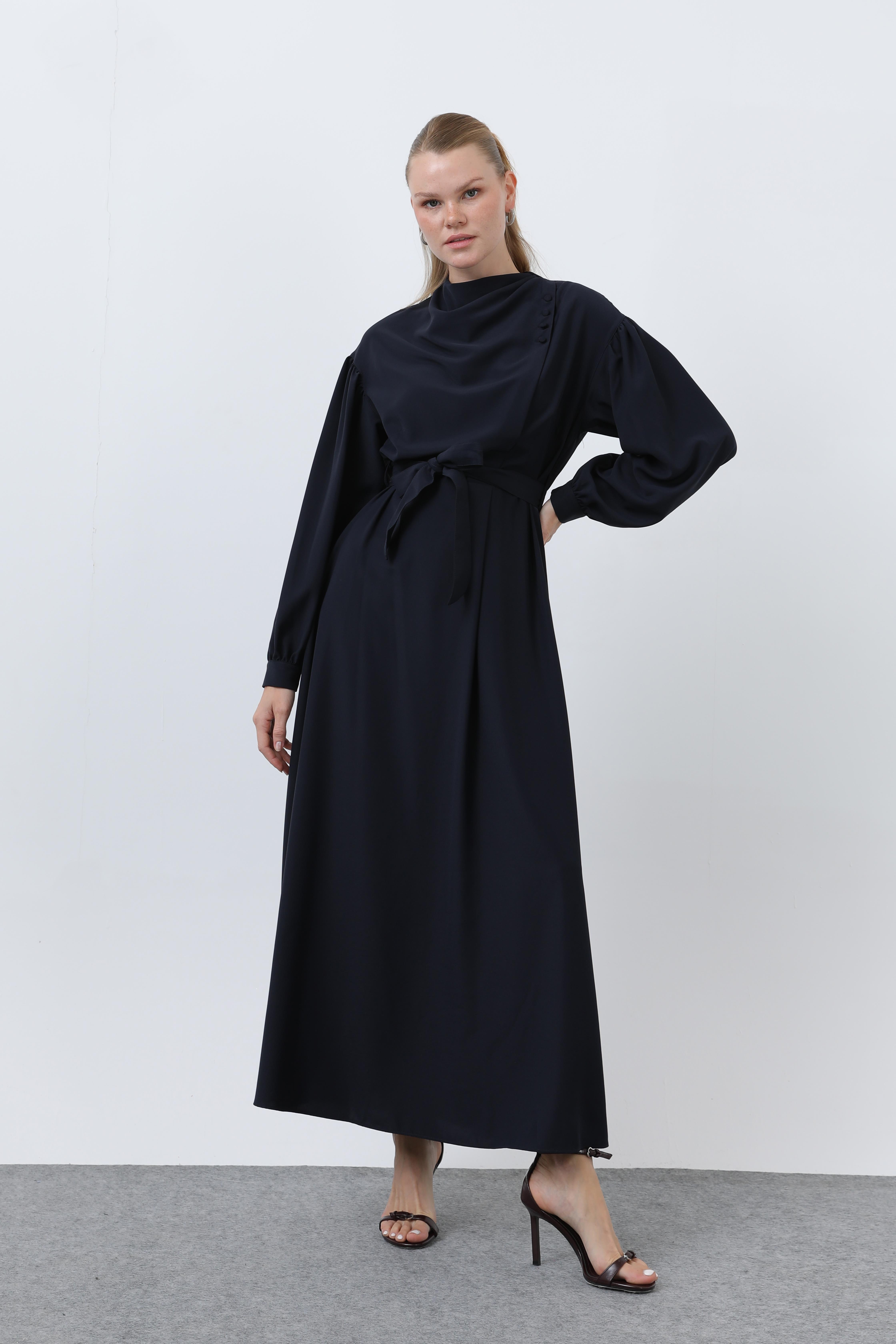 Kadın Beli Kuşaklı Saten Elbise - 12608ELB - NAVY