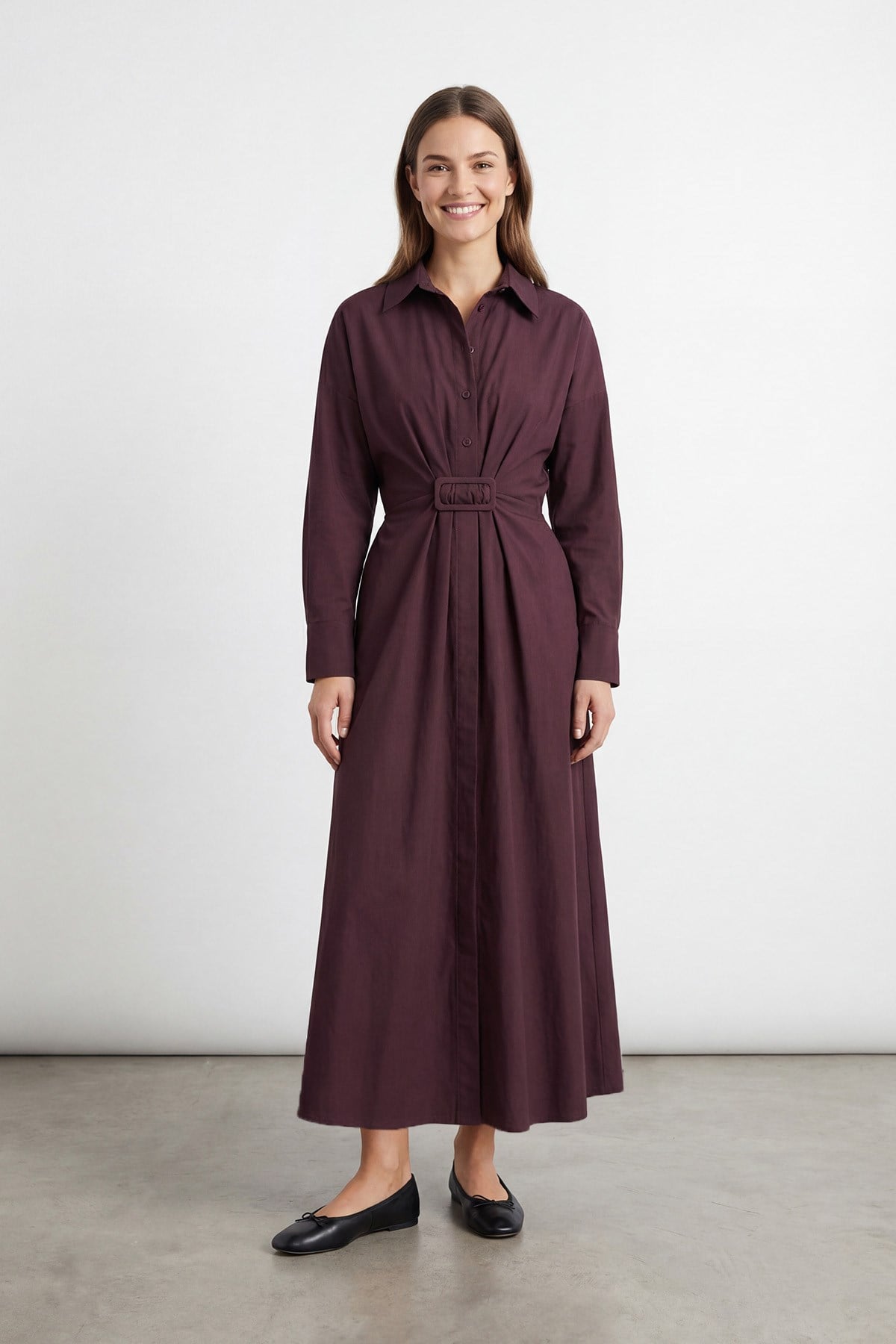 Kadın Gömlek Yaka Kuşaklı Uzun Elbise – 20745ELB - DAMSON