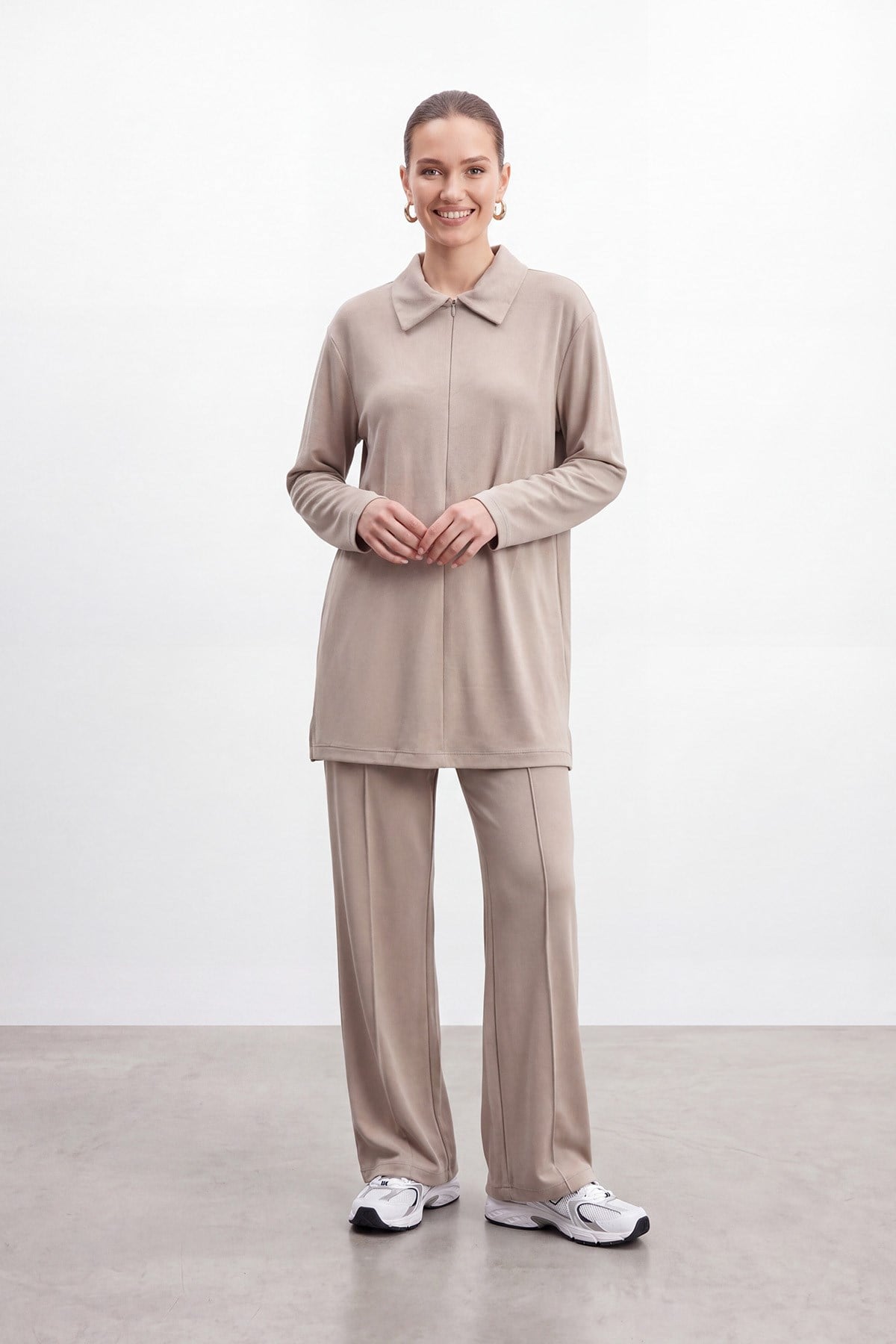Kadın Gömlek Yaka Fermuarlı Rahat Kesim Tunik Pantolon Takım – 14445TKS - MINK