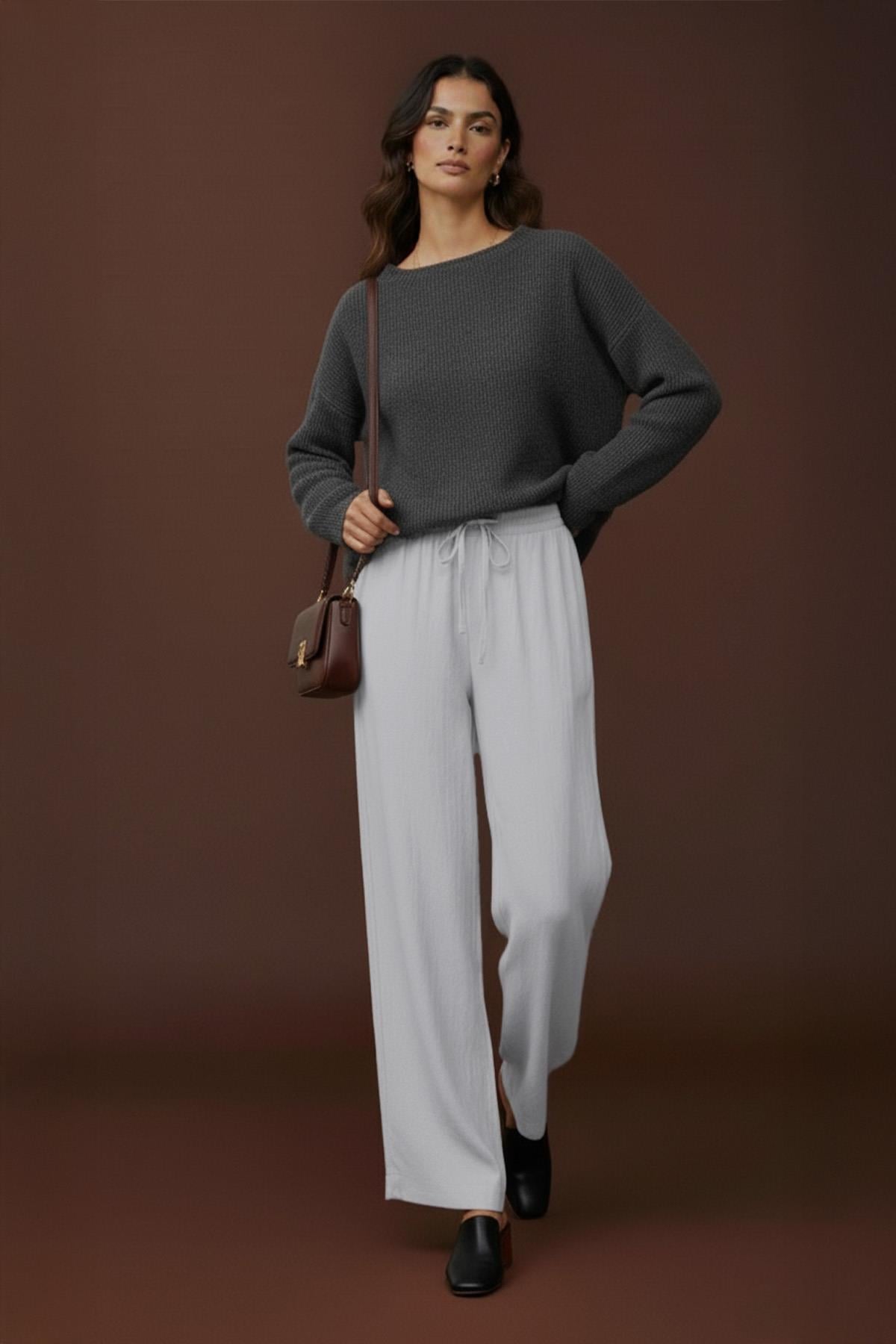 Kadın Beli Lastikli Bağlamalı Bol Pantolon - 20646PNT - LIGHT GREY