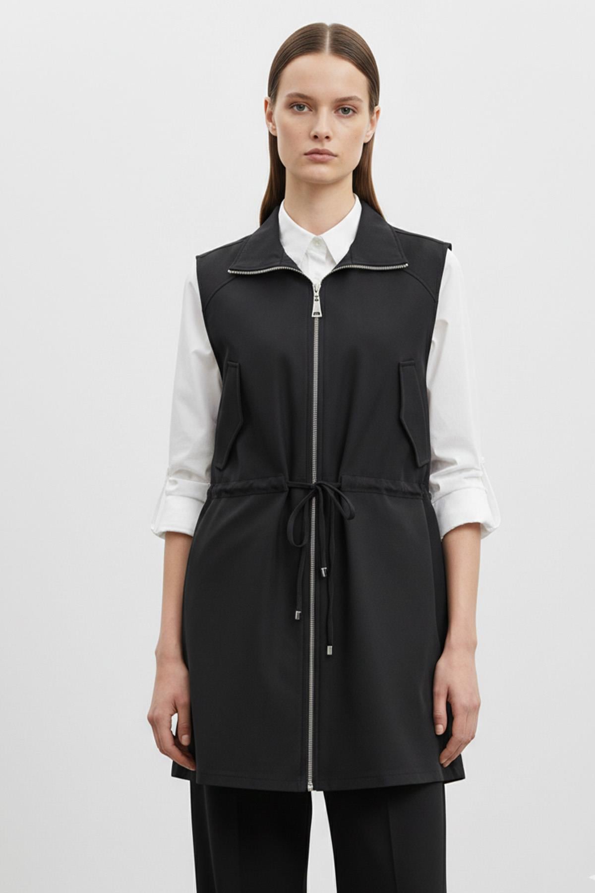 Kadın Fermuarlı Yelek ve Pantolon Takımı-14432 - BLACK