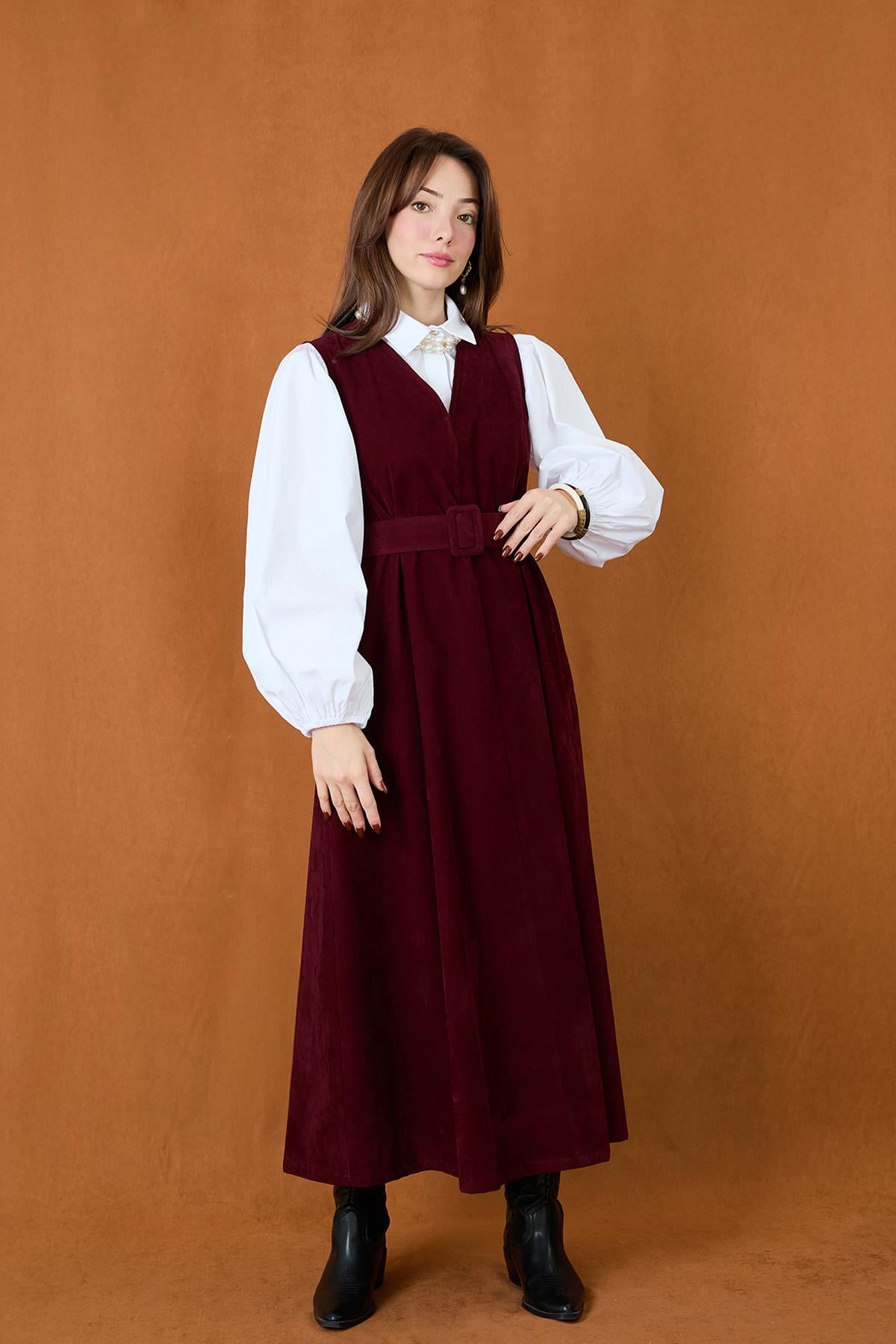 Kadın Kemer Detaylı V Yaka Süet Elbise  -  32406ELB - BURGUNDY