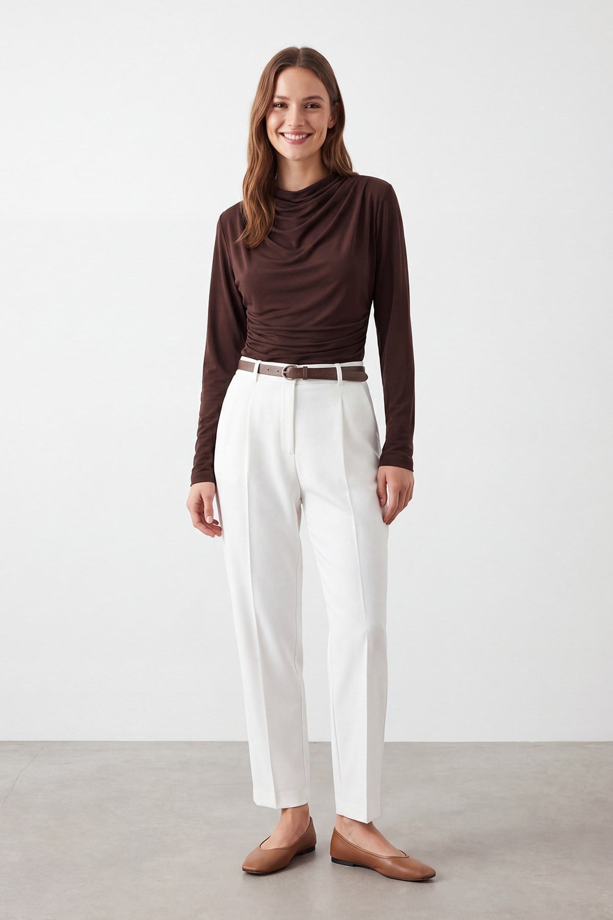 Kadın Modern Kesim Drapeli  Bluz -10785BLZ - BROWN