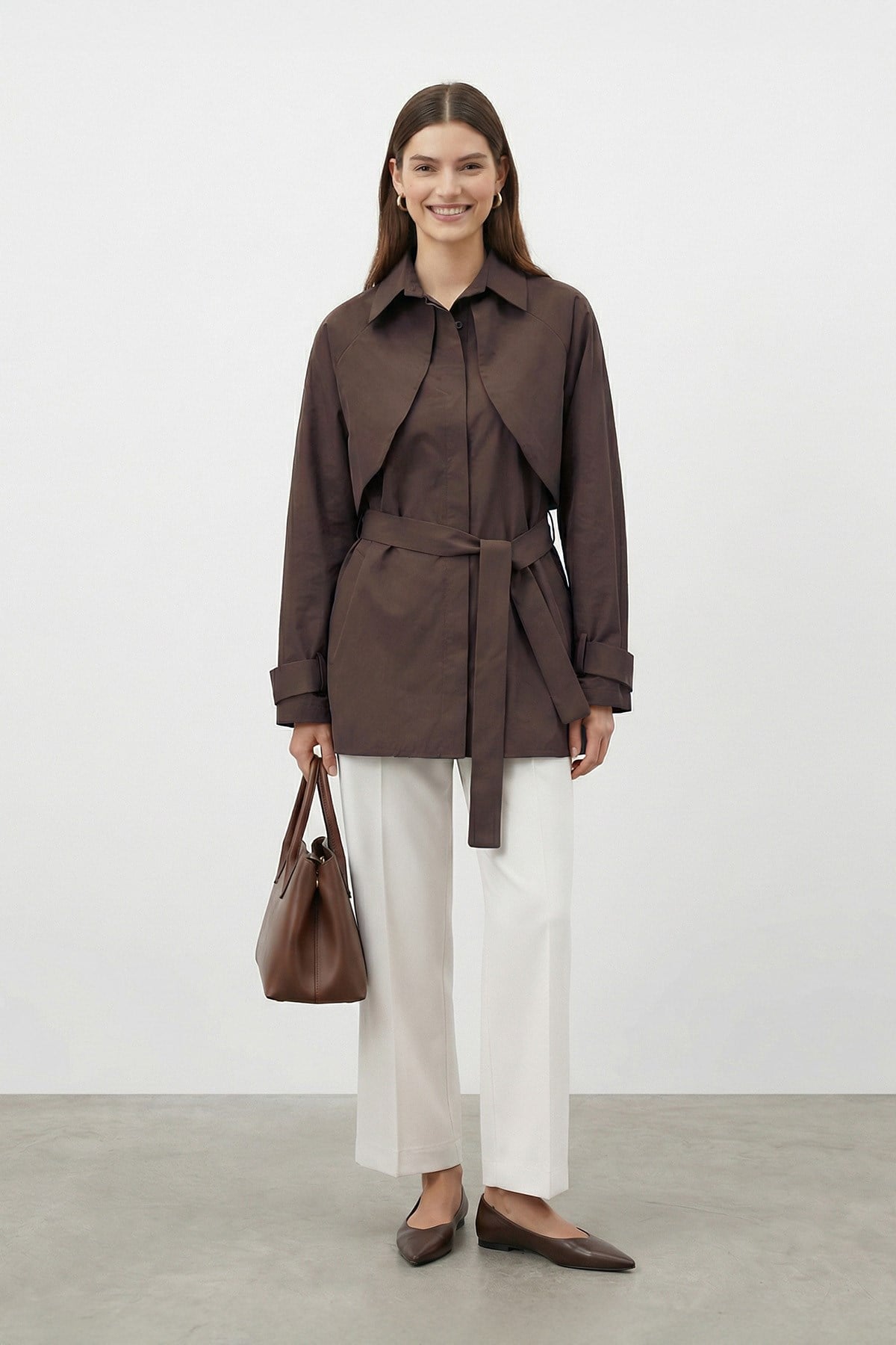 Kadın Gömlek Yaka Pelerinli ve Kuşaklı Tunik Gömlek - 20759GML - BROWN