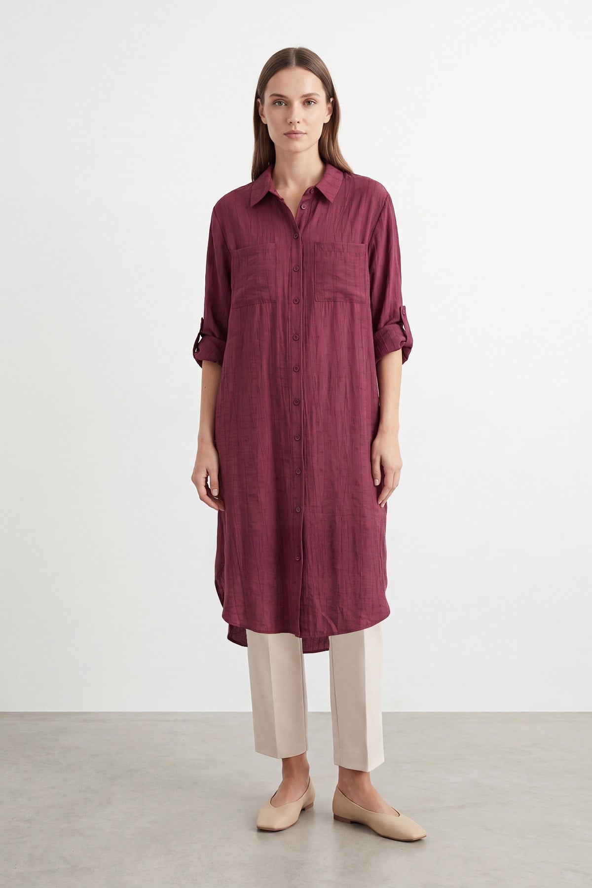 Kadın Naturel Dokulu Cepli Tunik - 10796TUN - BURGUNDY