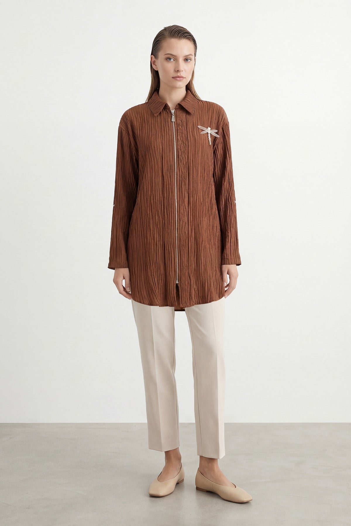 Kadın Pile Detaylı fermuarlı Tunik– 10775GML - BROWN