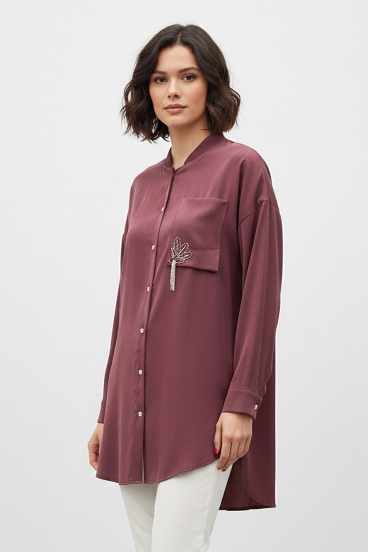 Kadın Düğmeli  Broş Detaylı Uzun Tunik -10763 - BURGUNDY