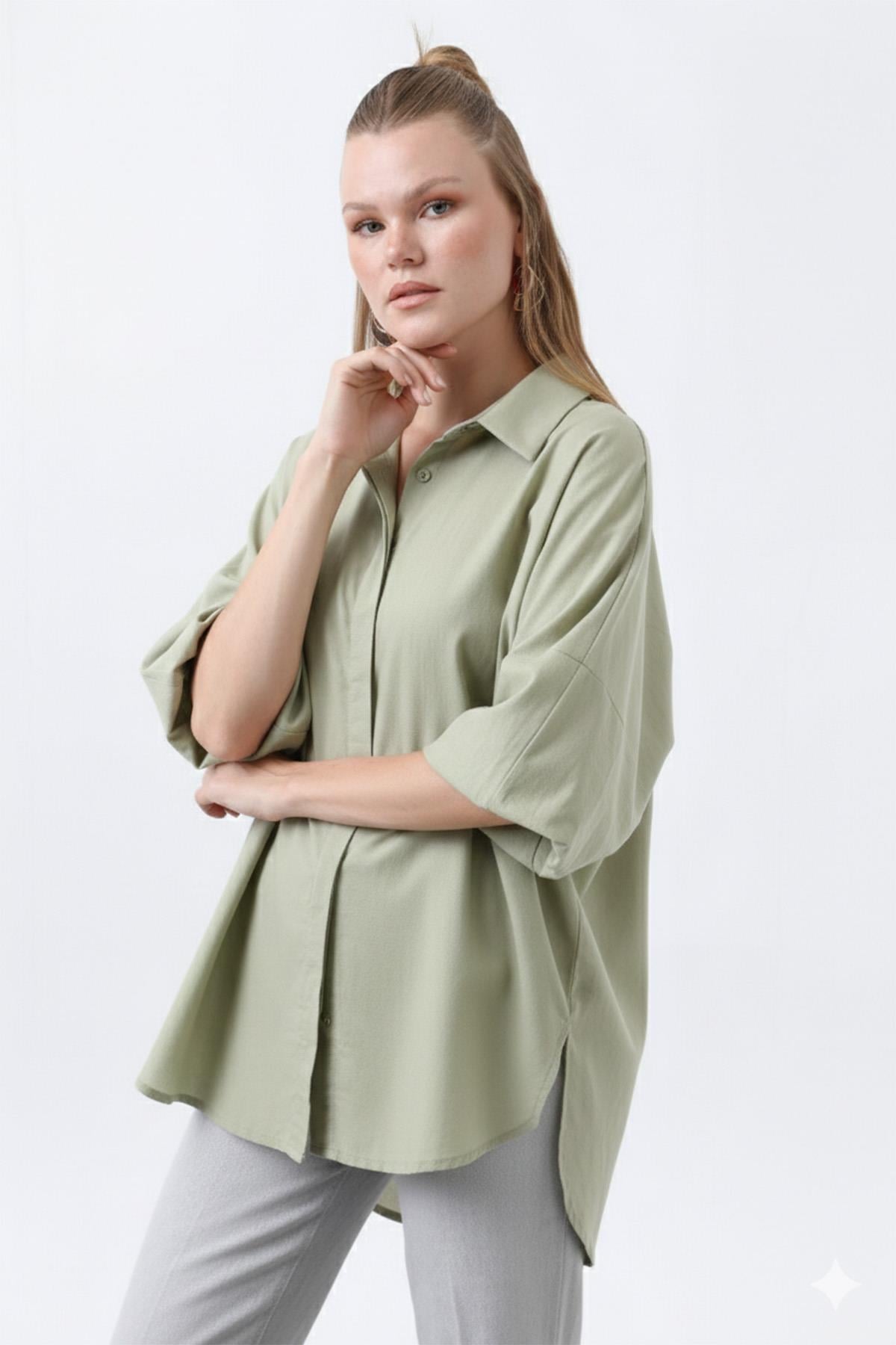 Kadın Volanlı Oversize Pamuk Poplin Gömlek-20665GML - ALMOND GREEN