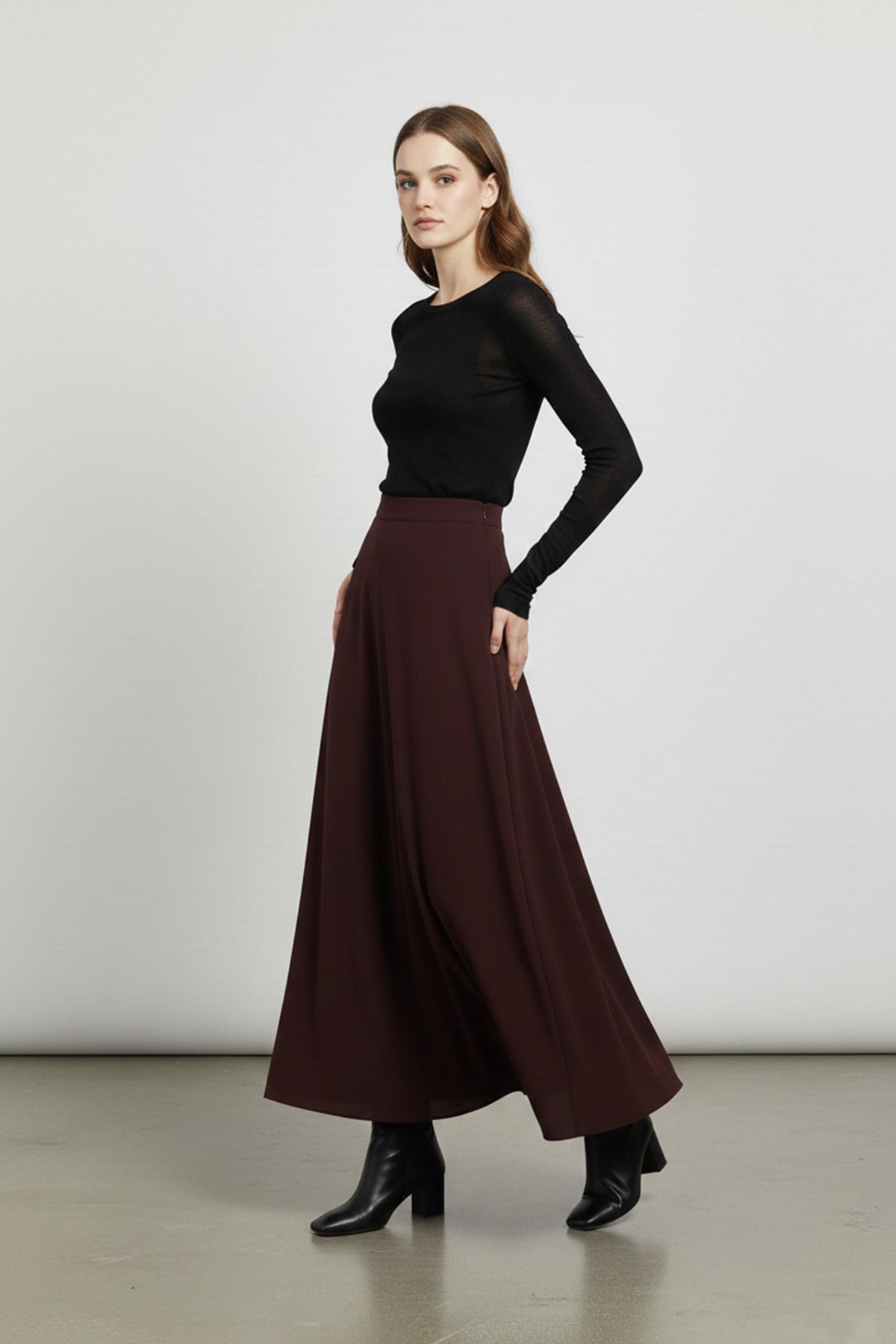 Kadın Gizli Fermuarlı Açılmlı Etek - 18264ETK - BURGUNDY