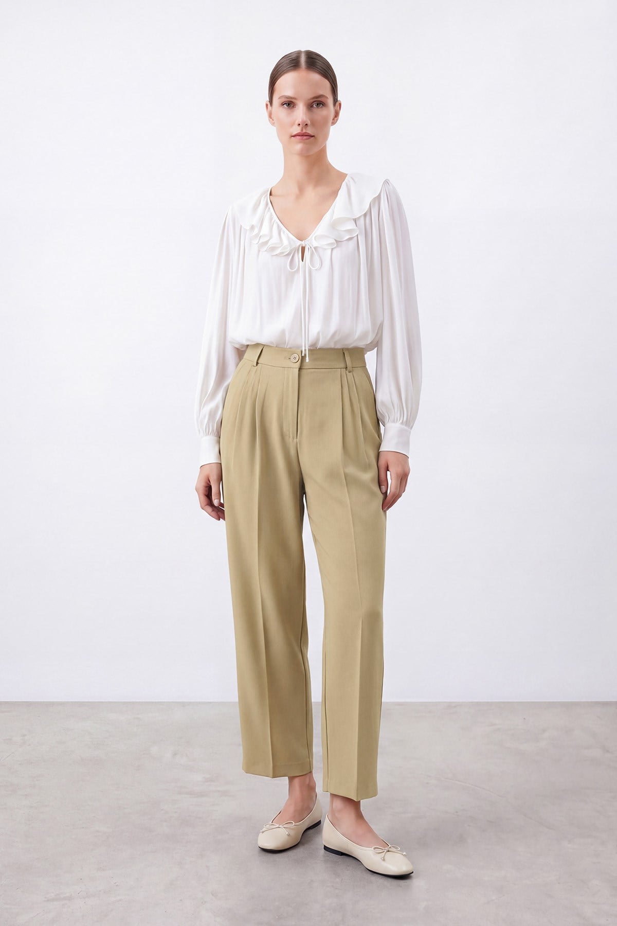 Kadın Yüksek Bel Pile Detaylı Kumaş Pantolon – 26S-18297PNT - OLIVE