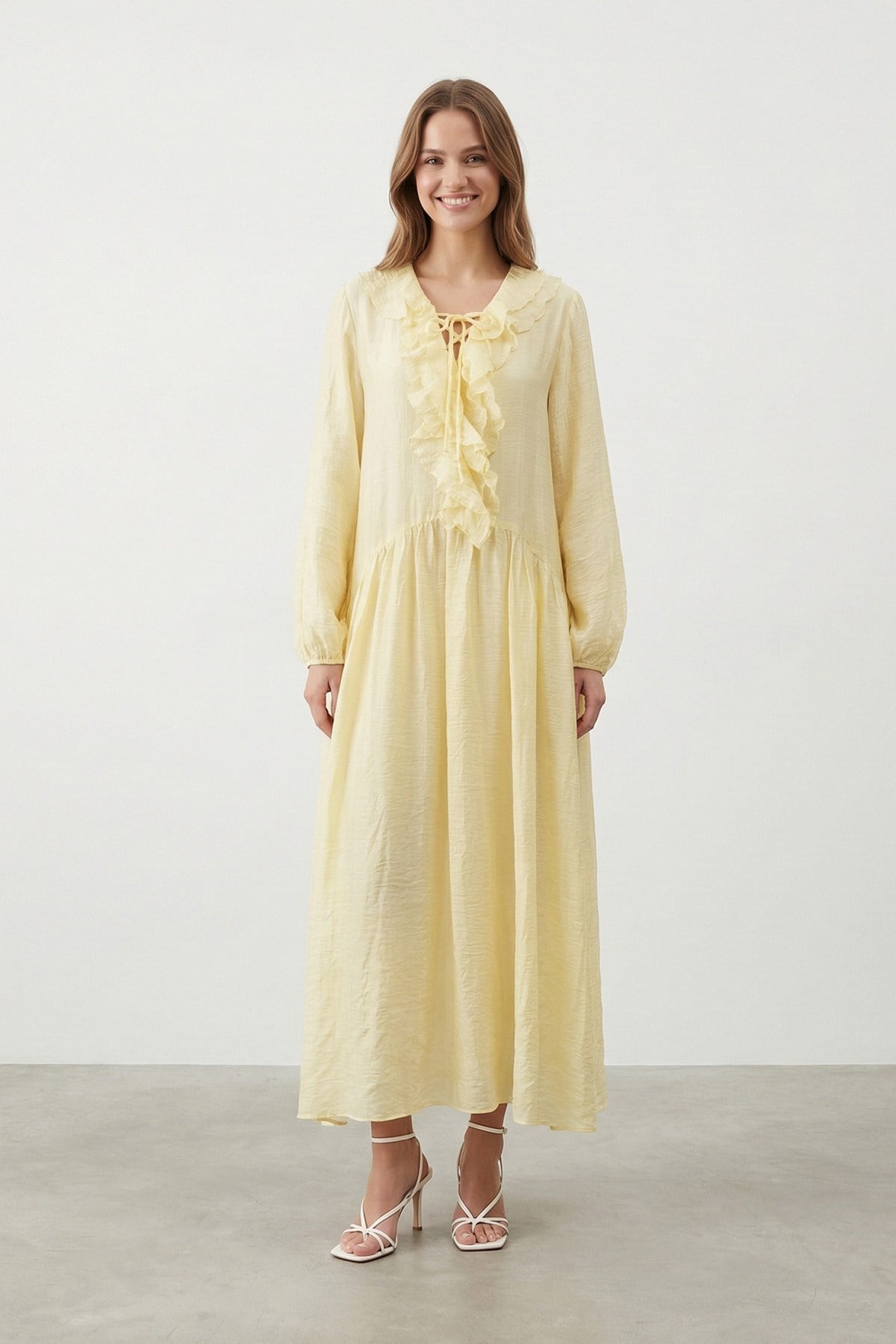 Kadın Yaka Fırfır ve Bağcık Detaylı Fisto Elbise – 32487ELB - YELLOW