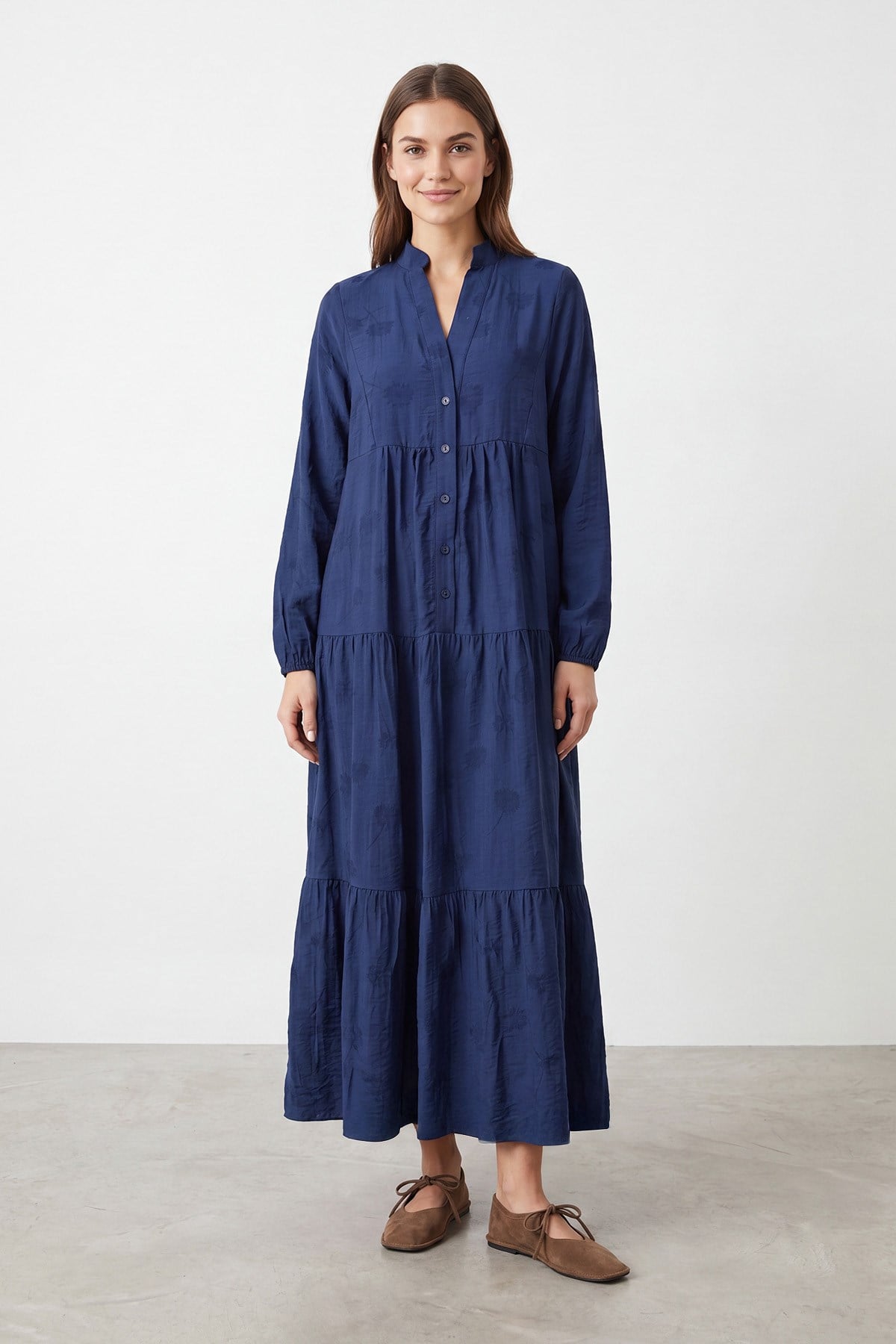 Kadın Hakim Yaka Maxi Elbise - 32528ELB - NAVY