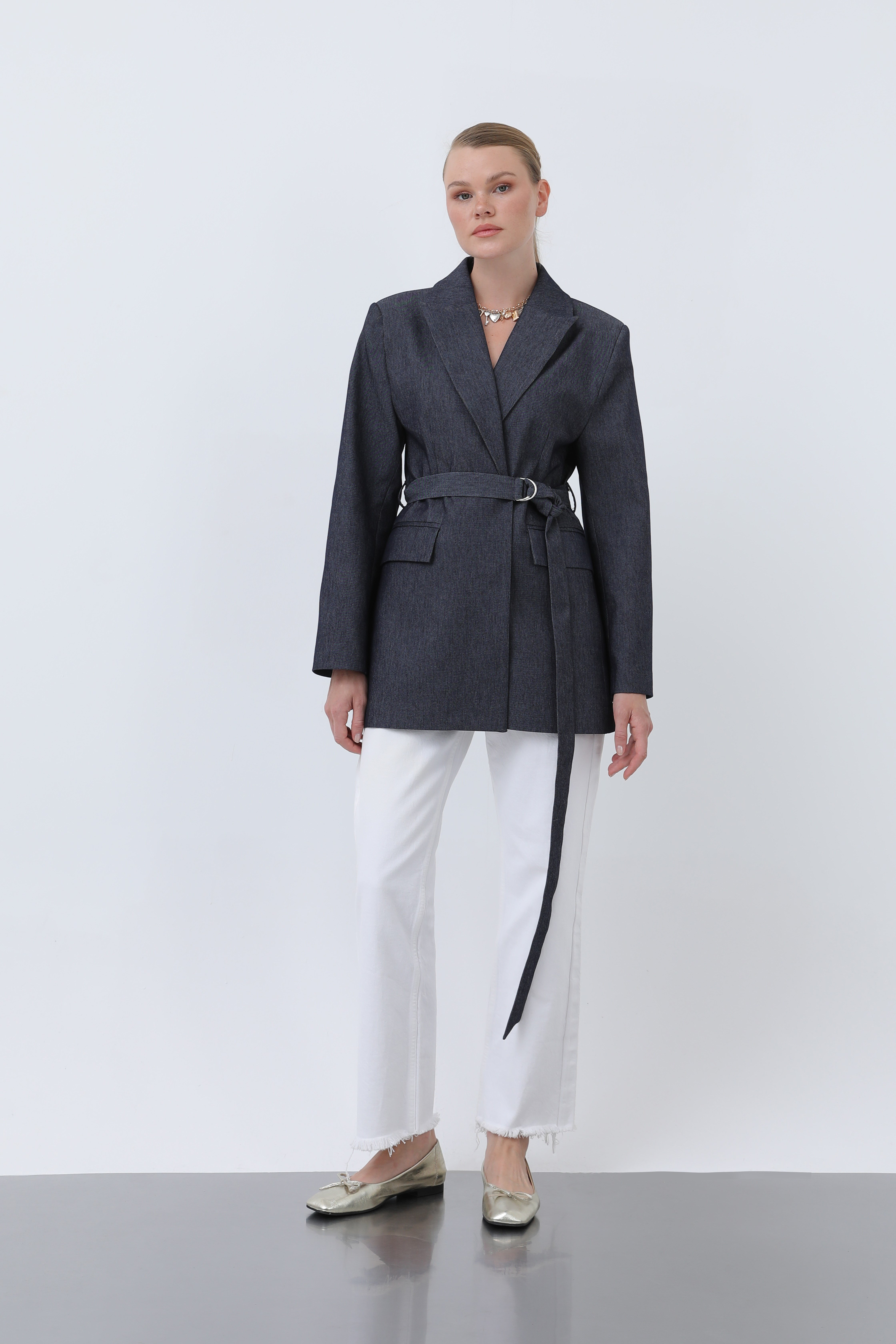 Kadın Kuşak Detaylı Vatkalı Denim Blazer Ceket - 20653CKT - NAVY