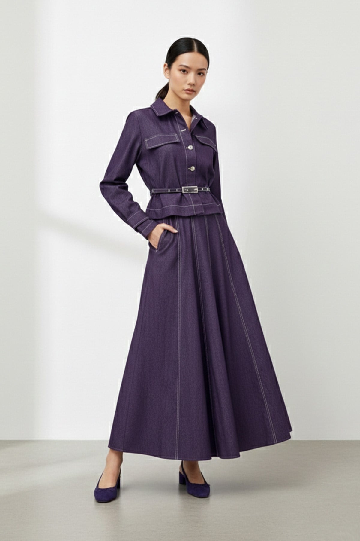 Kadın Kuşaklı Düğme Detaylı Etekli Takım-20751TKS - PURPLE